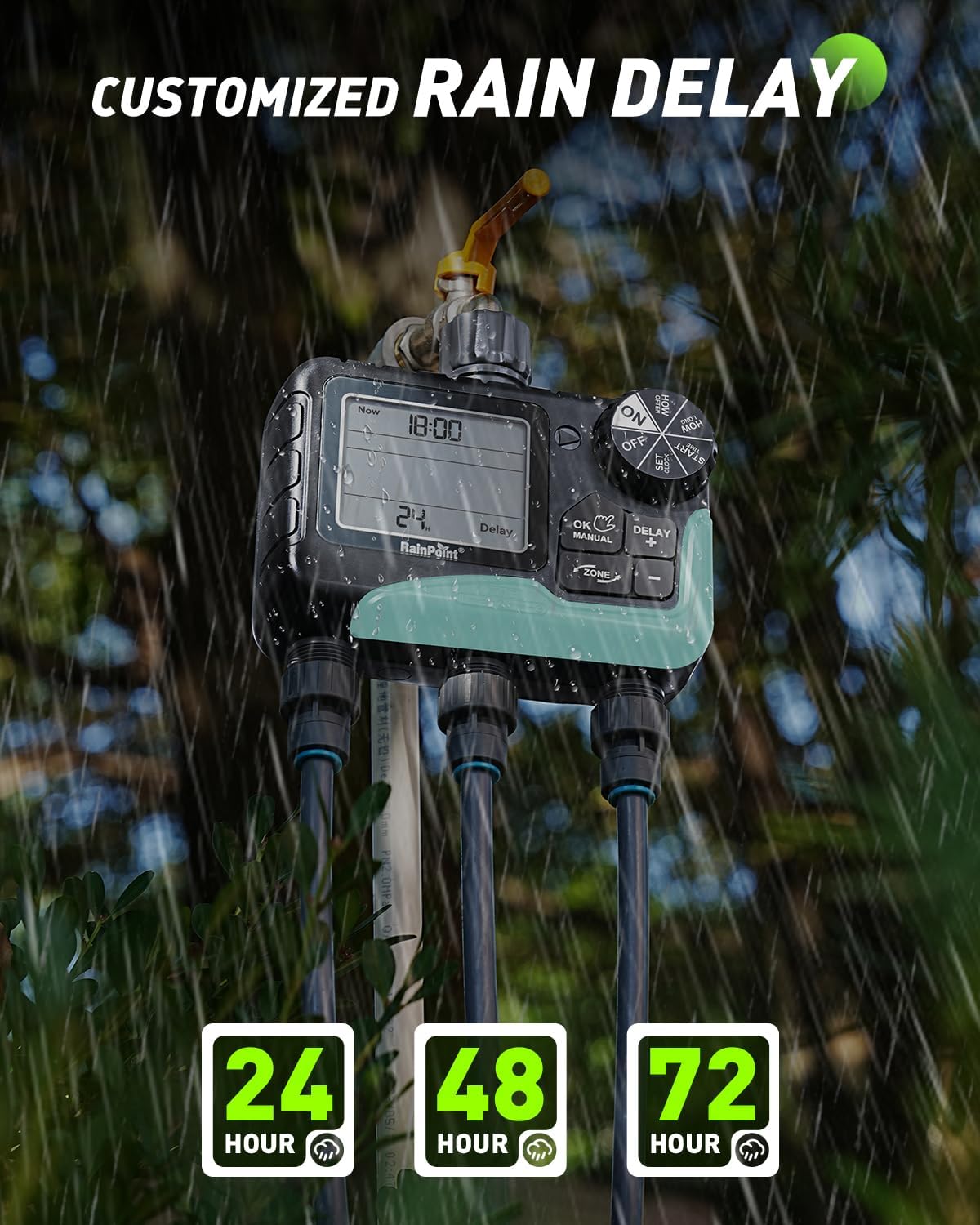 RAINPOINT Sprinkler Timer 3 Zone, Programmable Water Timer for Garden Hose,Hose Faucet Timer, Hose Timers for Watering with Automatic/Manual/Rain Delay/Watering Mode, IP65 Waterproof, Large LCD