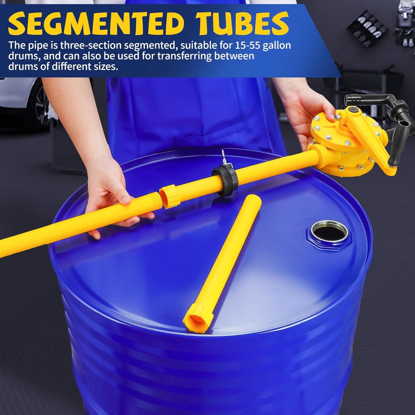 15-55 Gallon Drum Pump, 10 GPM Flow, Corrosion-resistant Chemical Liquid Pump, Hand-operated rotary barrel pump designed for rapid transfer of water, fuel, corrosive liquids and more