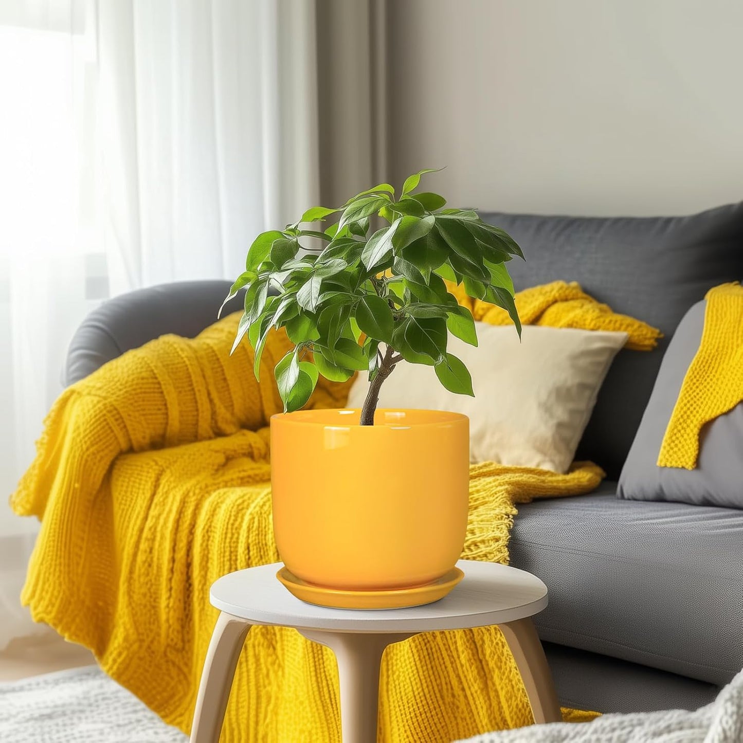Ceramic Plant Pot 8 Inch - Decorative Modern Round Indoor Planter for Plants Flowers with Drainage Hole and Saucer, House Desk Office Home Decor, Yellow
