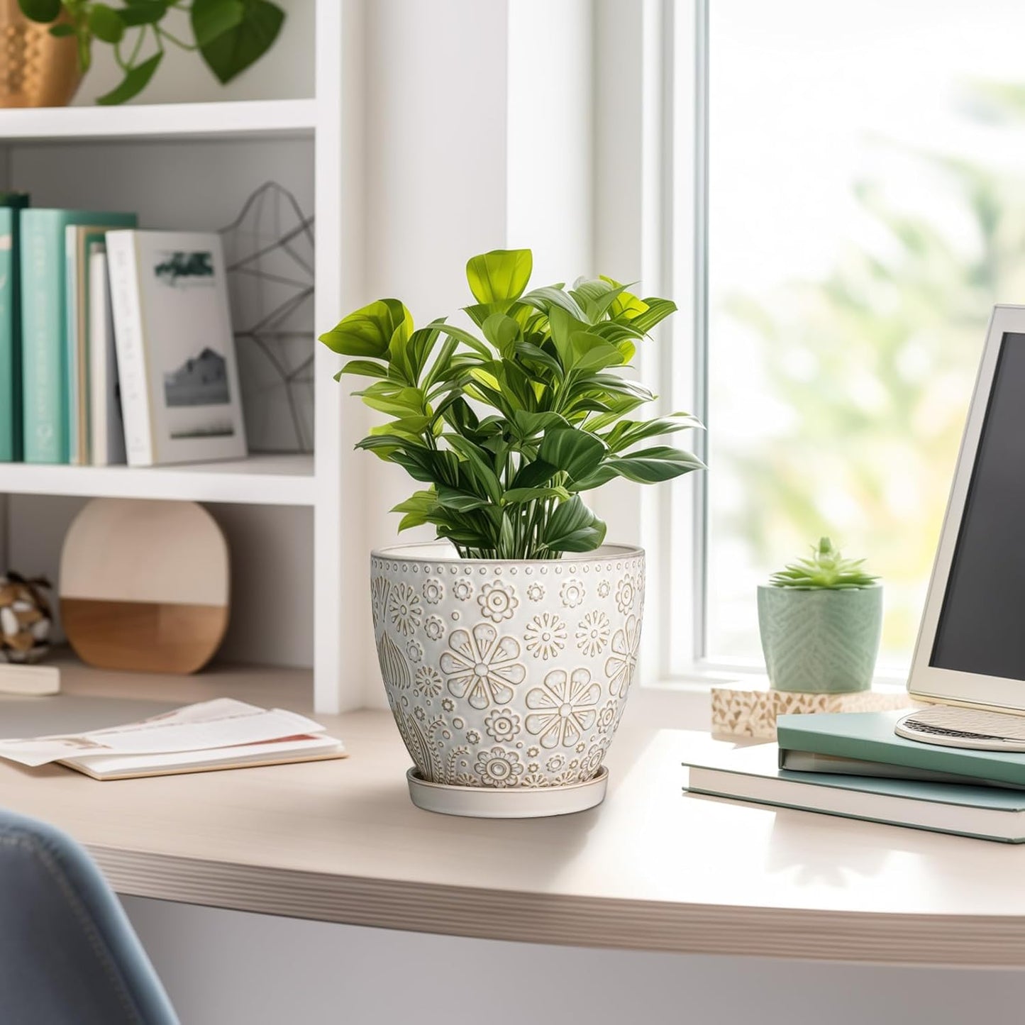 6.9 Inch Plant Pot with Drainage Hole and Saucer Ceramic Planter for Indoor Plant Flower Pot for Orchid Succulents Plants White