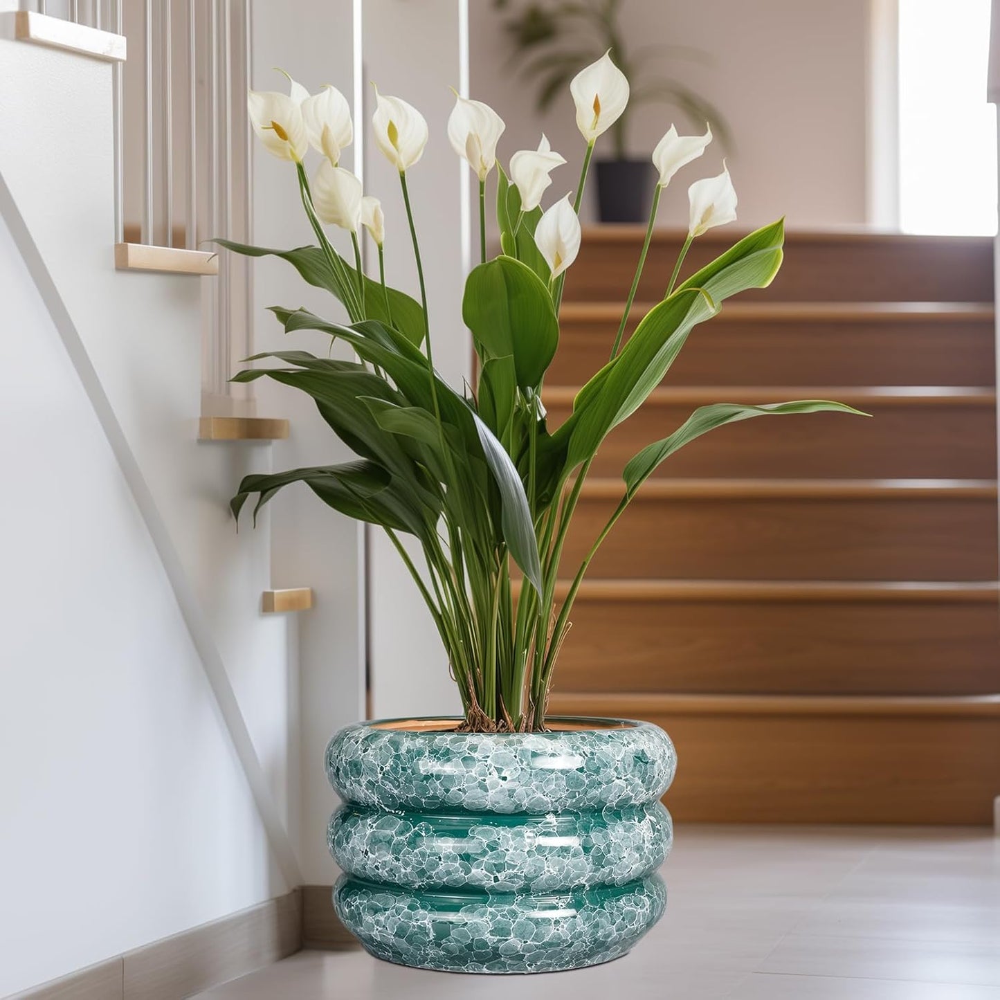 SQOWL Ceramic Planter for Indoor Plants 13.5 Inch - Large Plant Pot with Drainage Hole Outdoor Flower Pot Round Planter Decorative Plant Pot for Garden Bathroom Decor Green