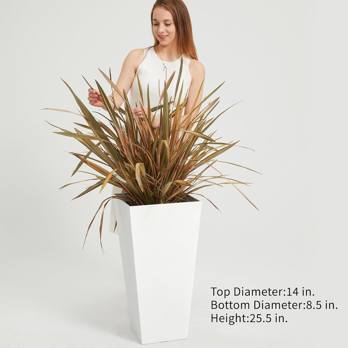 Worth Garden 2-Pack White Matte Texture Square Tapered Planter - 25.5" H. Tall Plastic Plant Pots with Drain Hole for Indoor Outdoor - Modern Decorative Flower Pots for Front Porch, Patio, Deck