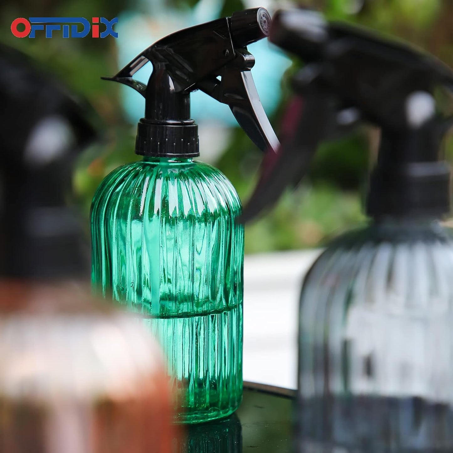OFFIDIX Glass Spray Bottle, Fine Mist Plant Mister Handheld Pressure Spray Bottles,0.4L/13.5oz Watering Can with Adjustable Nozzle for Outdoor Indoor Gardening and Cleaning Work (Green)