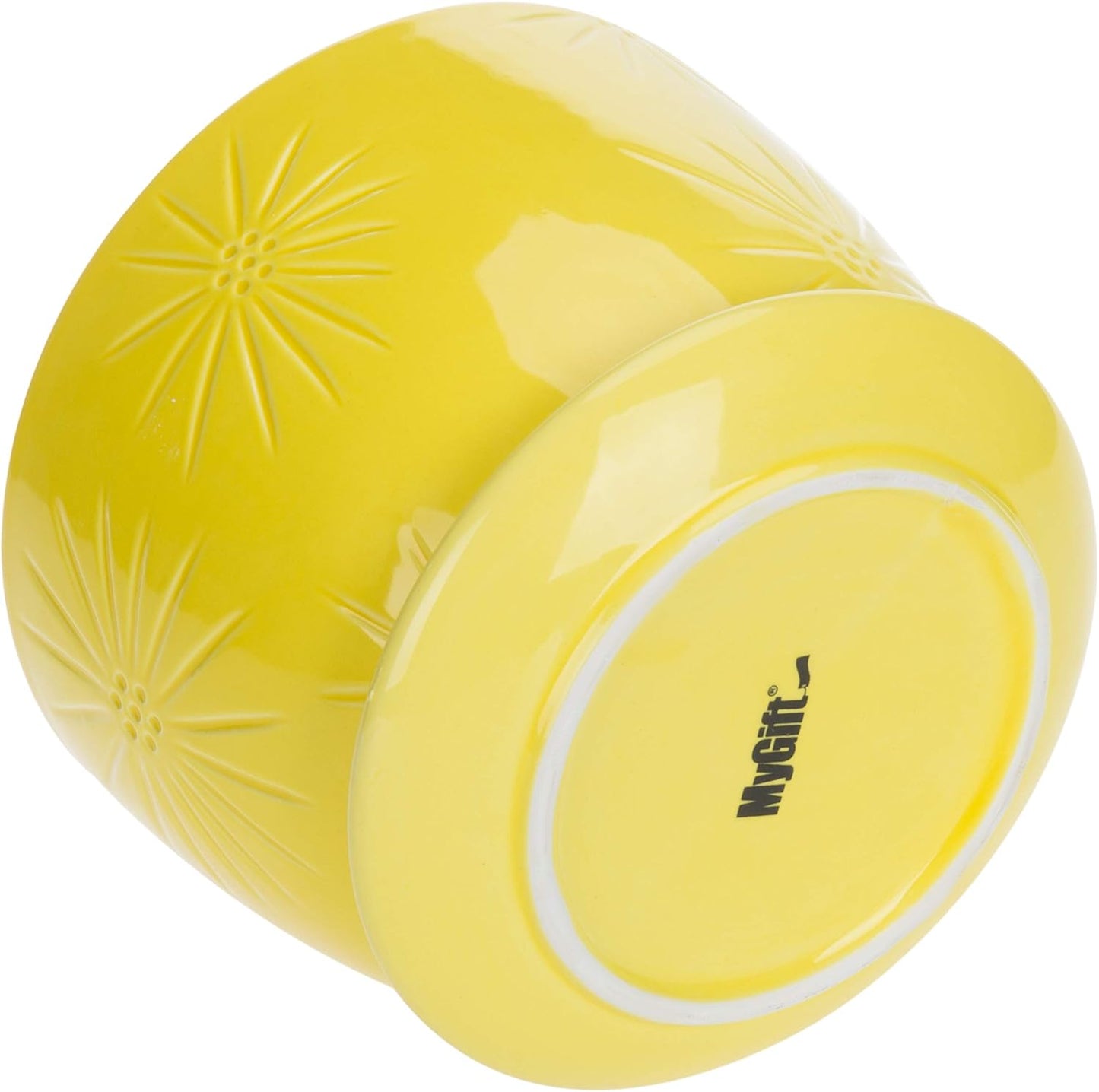 MyGift 7 Inch Round Yellow Ceramic Plant Pot with Drainage Hole and Attached Saucer, Modern Decorative Embossed Sunburst Planter Container for Indoor Home Garden