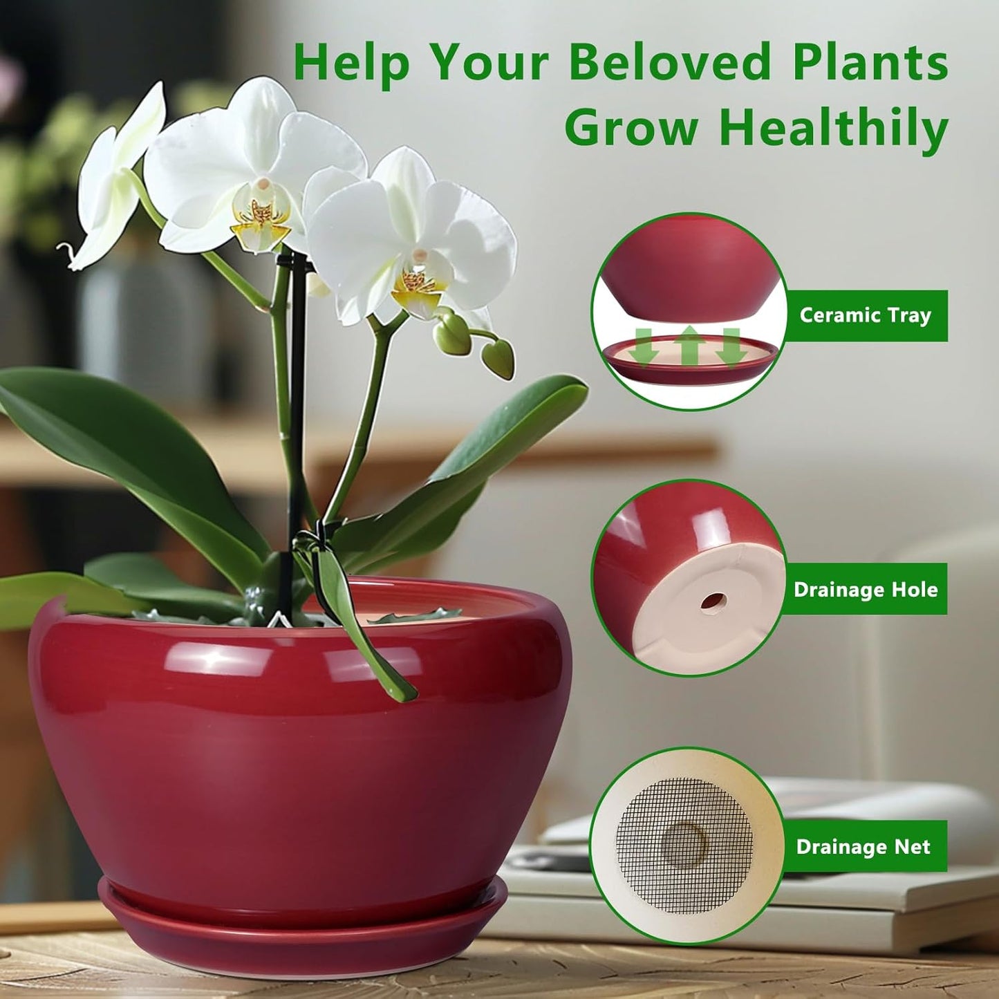 Ceramic Planter - Indoor Plant Pot with Drainage Hole and Saucer 13 Inch Large Pots for Plants Round Modern Outdoor Flower Pot Mid-Century Patio Room Decor Red