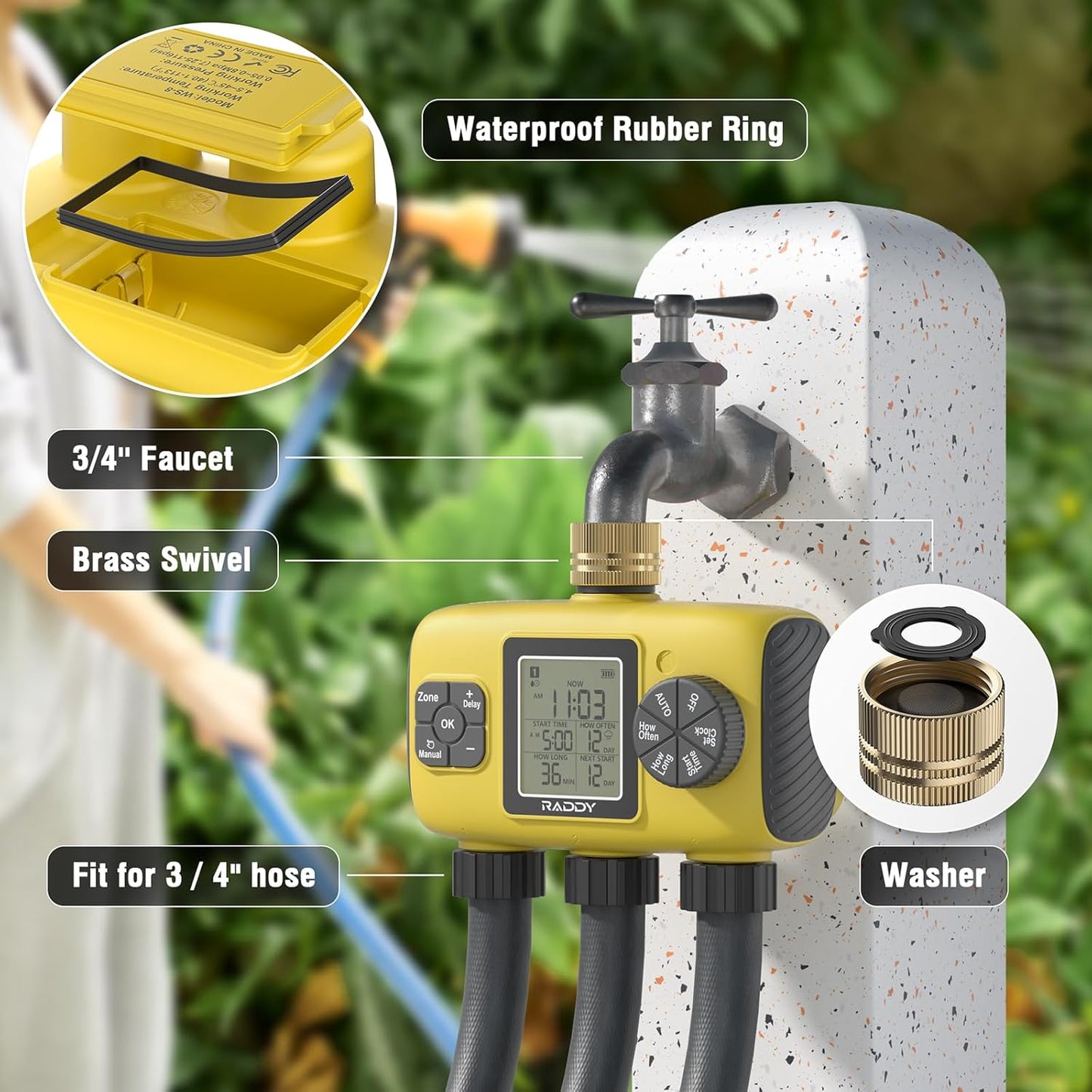 Raddy WS-8 Sprinkler Timer 3 Zone, Heavy-Duty Outdoor Irrigation Controller with Manual Watering, Rain Delay, High-Pressure 6V Valve, Fully Waterproof for Garden Yard, Yellow