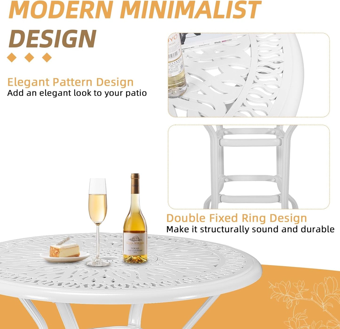 3 Pieces Patio Swivel Bar Set, Patio High Top Bar Table and Chairs Set, All-Weather Cast Aluminum High Swivel Bar Stools Chair Set of 2 and 35.4" Table, Patio Bistro Set for Garden,White