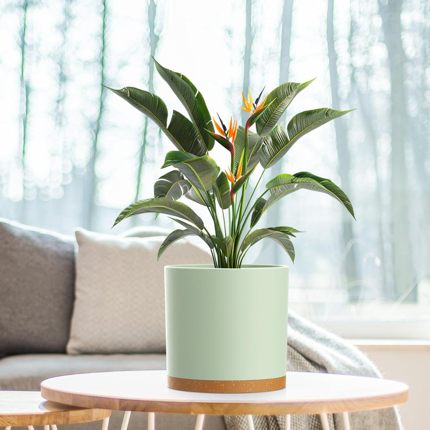 8 Inch Medium Flower Pots for Indoor Outdoor Plants, Cylinder Deep Plant Pots with Drainage Holes & Saucer, Decorative Plastic Planter Pots for Garden House Plants, Green with Brown