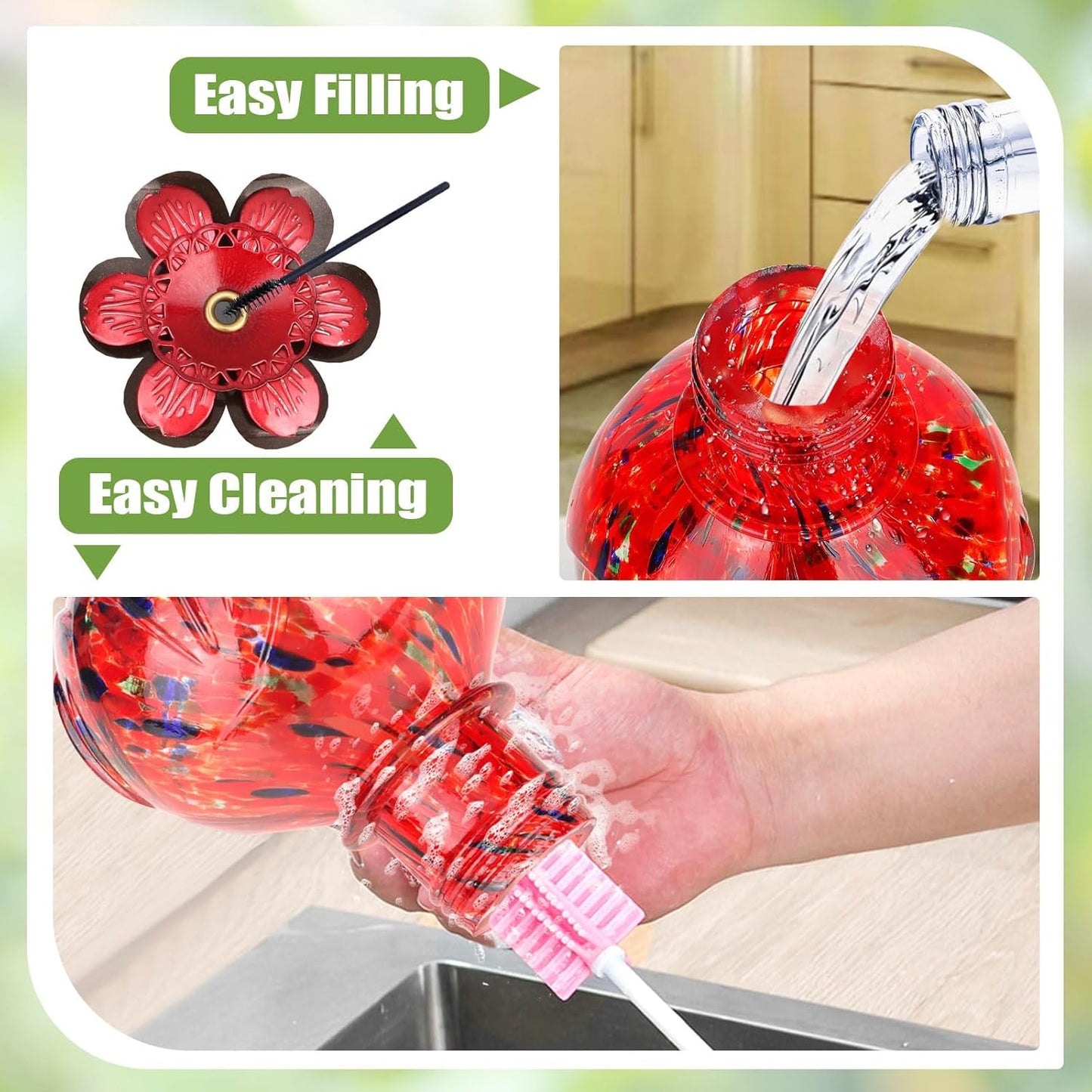 BOLITE Hummingbird Feeder, Hand Blown Glass Hummingbird Feeders for Outdoors Hanging, with Ant Moat and 5 Feeding Ports, 22 Ounces, Peony Flower Shape, Red, Gifts for Women Men, Gifts for Mom Dad