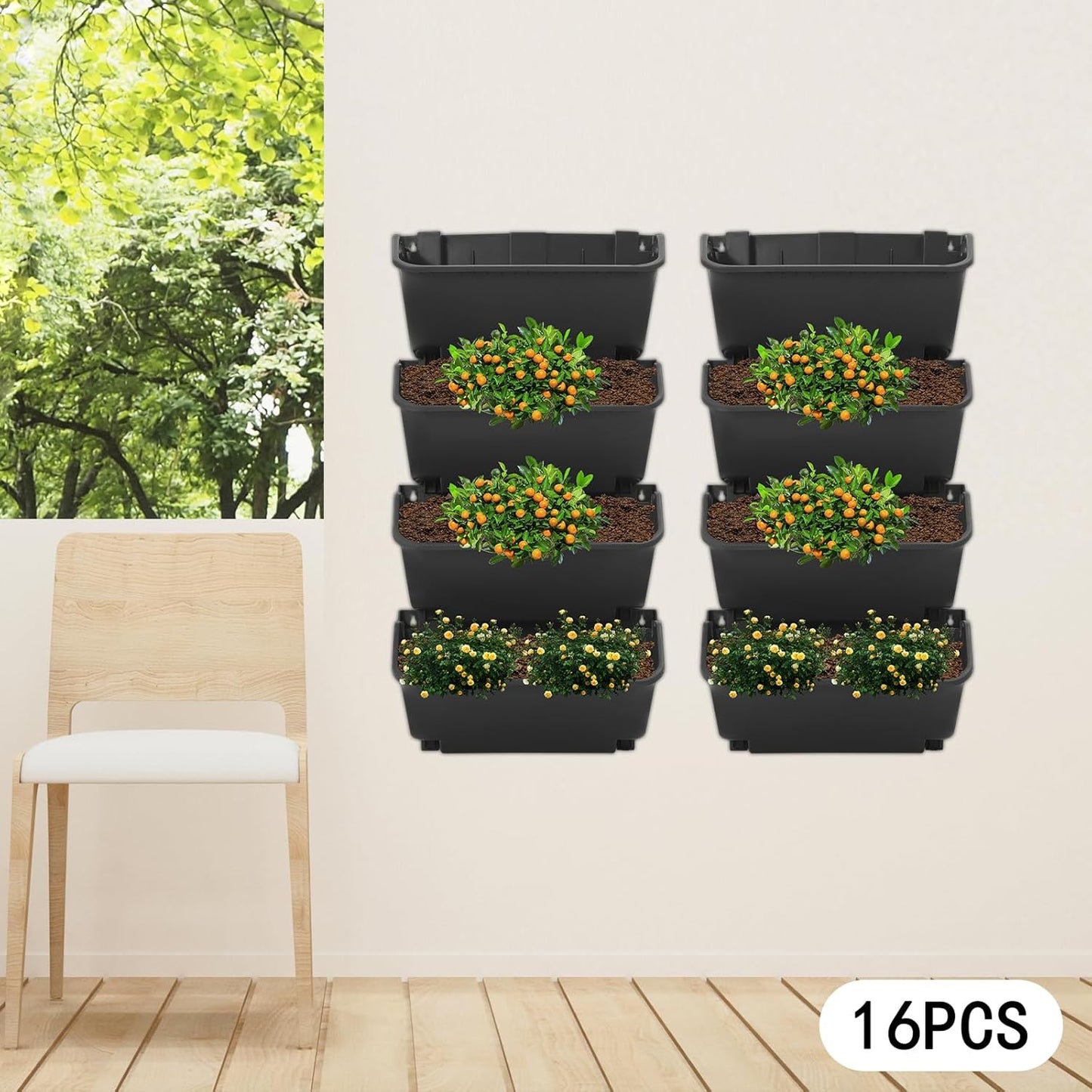 Vertical Wall Planter, Wall-Mounted Living Garden Planter with 16 Plastic Pots Stackable Wall Hanging Flower Pot Clasp Design for Vegetables Flowers (Black 16)