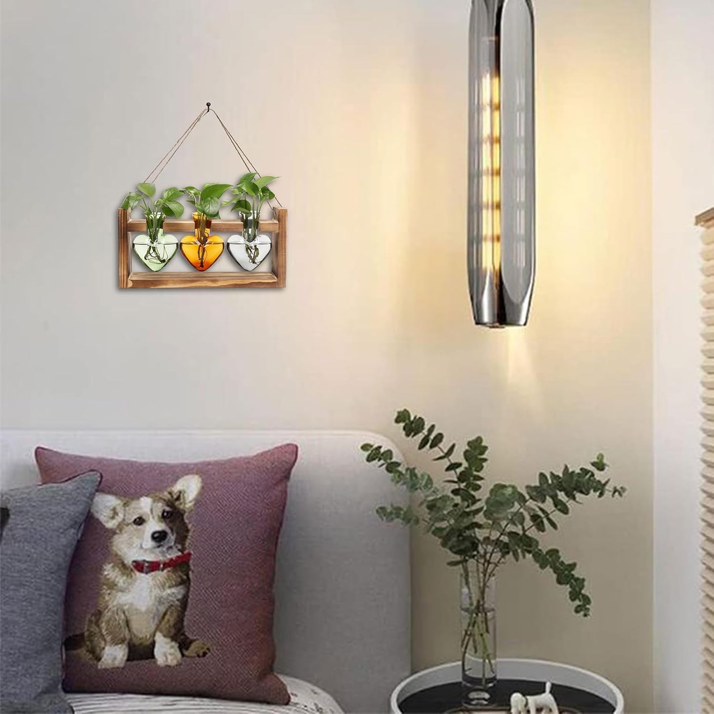 Plant Terrarium Propagation Stations Hydroponics Home Garden Decoration Gift for Women with Wooden Stand Heart Shaped Colored Glass Vase