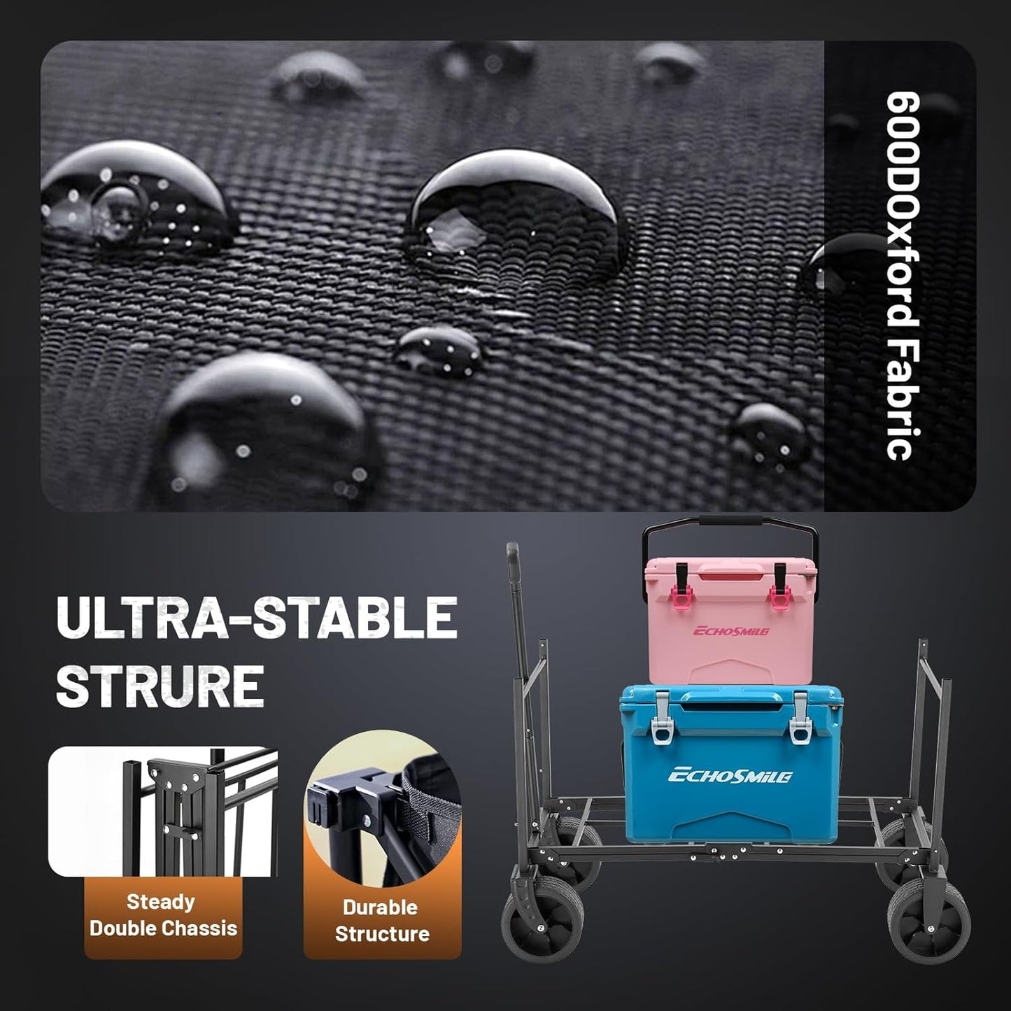 EchoSmile Collapsible Folding Wagon Cart with All-Terrain Wide Wheels, Heavy Duty Garden Cart with 350lbs Capacity,Portable Lightweight Rolling Wagon Cart for Camping Beach Sports Shopping,Blue