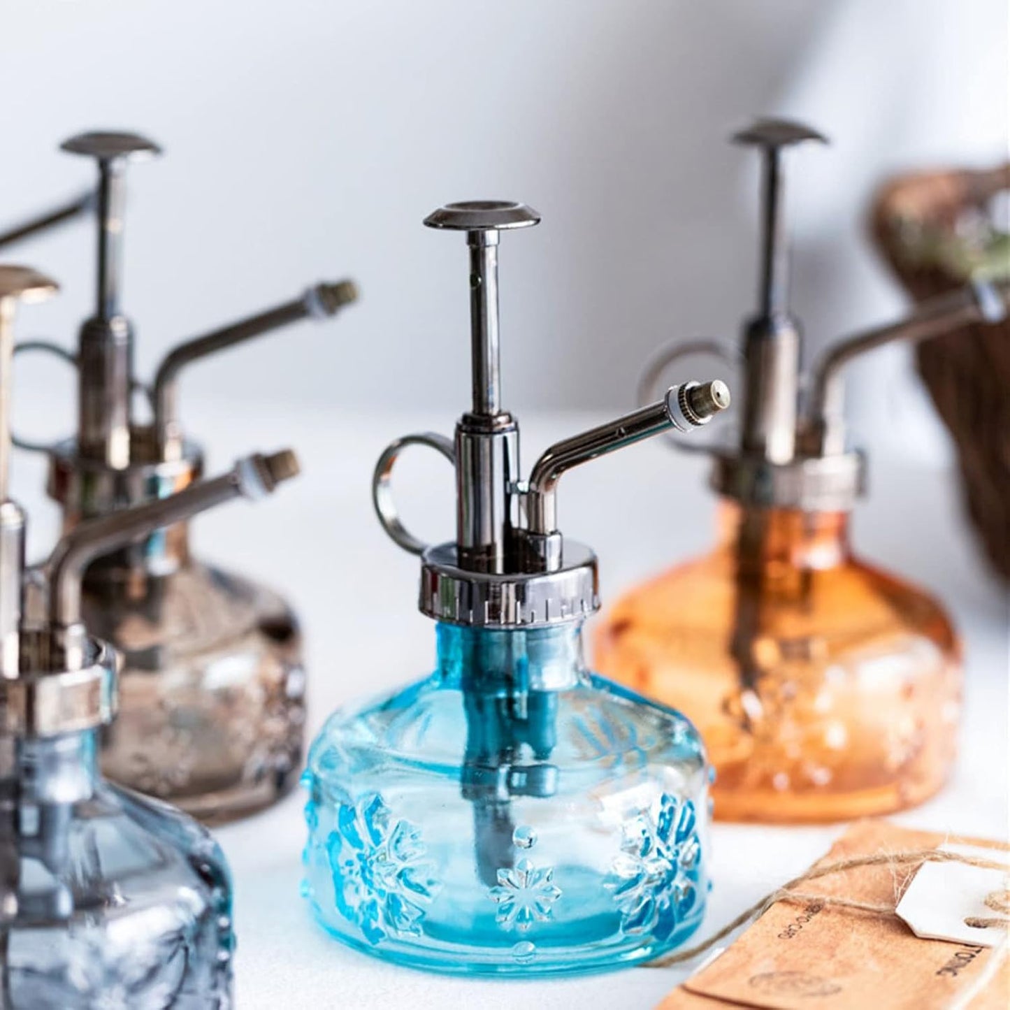 XXXFLOWER Glass Plant Mister Spray Bottle for Indoor Plant Spritzer Succulent Watering Bottle Tall Vintage Style with Bronze Plastic Top Pump