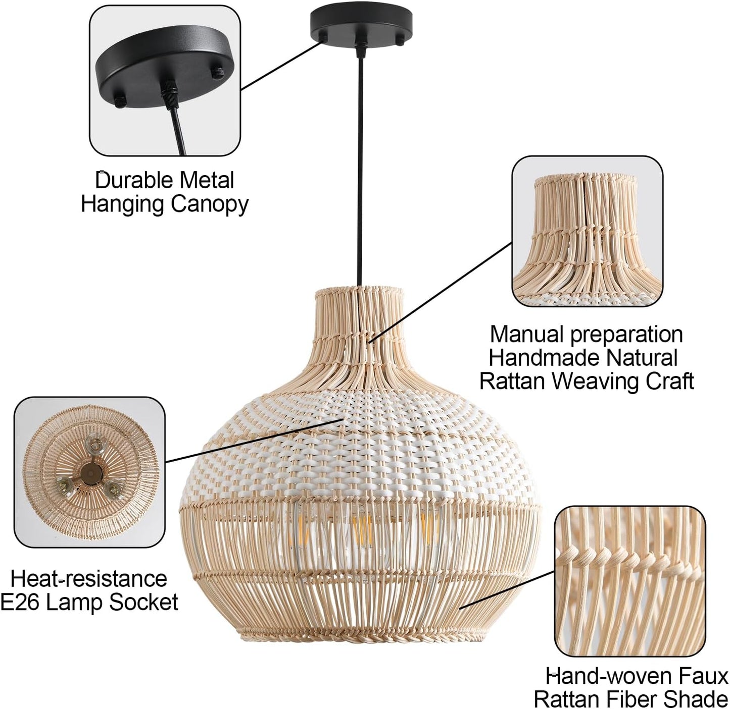 15" Rattan Pendant Light Fixture,3-Light Hand-Woven White Wicker Basket Chandelier Boho Faux Rattan Hanging Lamp,for Dining Living Bedroom Kitchen 1-Pack