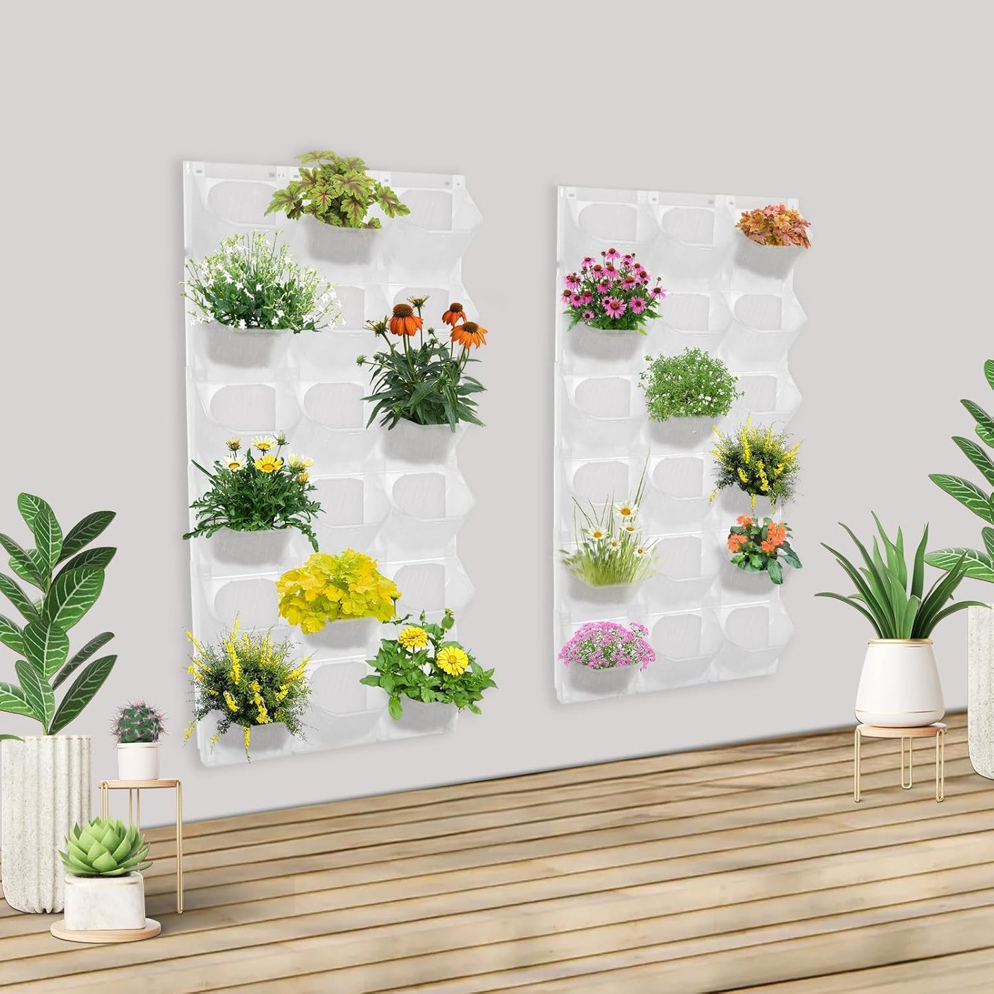 Vertical Wall Planter, Stackable Wall-Mounted Planter Indoor Outdoor w/36 Plastic Pots Living Wall Garden w/36 Non-Woven Fabrics Vegetable Hanging Pocket Holder Flowerpot (White)