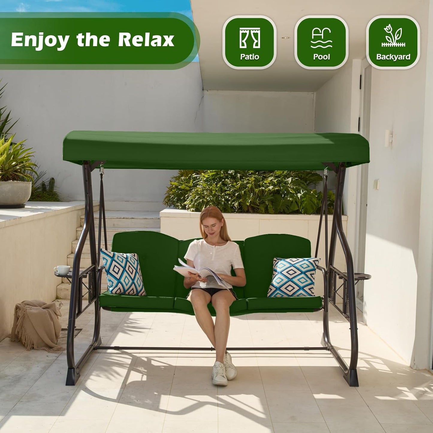 3-Seat Patio Porch Swing 800LBS Outdoor Swing with Stand w/Canopy & Adjustable Backrest Patio Glider Chair w/Removable Pillows & Foldable Side Tray for Balcony Garden Deck (Green)
