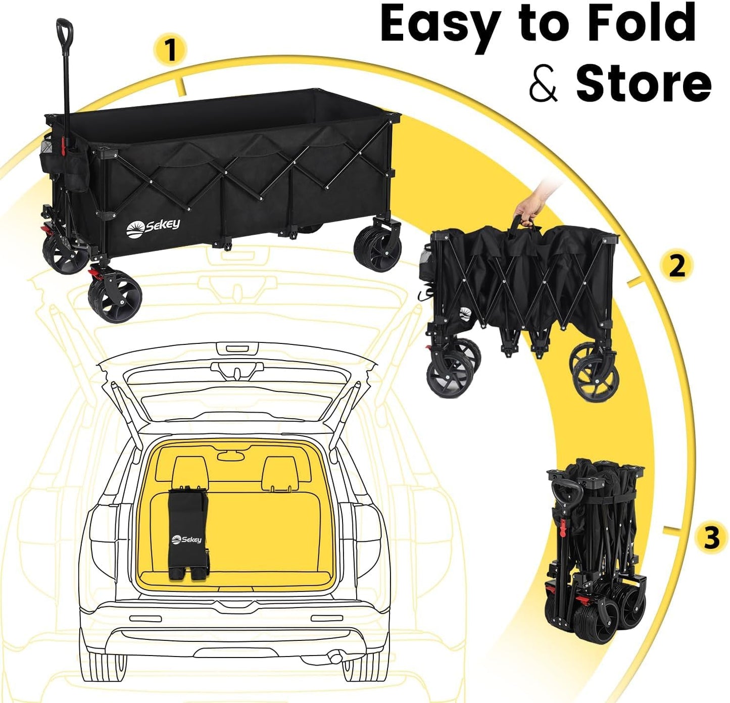 Sekey 48''L Collapsible Foldable Extended Wagon with 440lbs Weight Capacity, Heavy Duty 300L Folding Utility Garden Cart with Big All-Terrain Beach Wheels & Drink Holders. Black