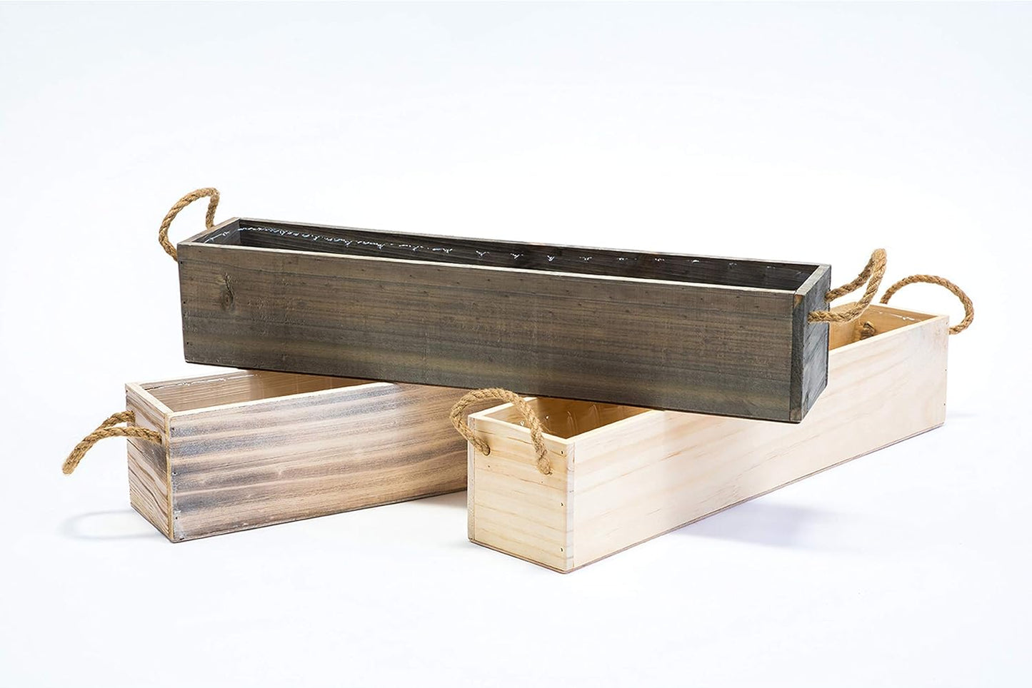 Wooden Planter Box, Rustic Barn Wood/Whitewash with Plastic Liner l Garden Decor l Restaurant and Wedding Decorations l Table Centerpiece (20x4 w Handle Set of 2, Rose Wood)