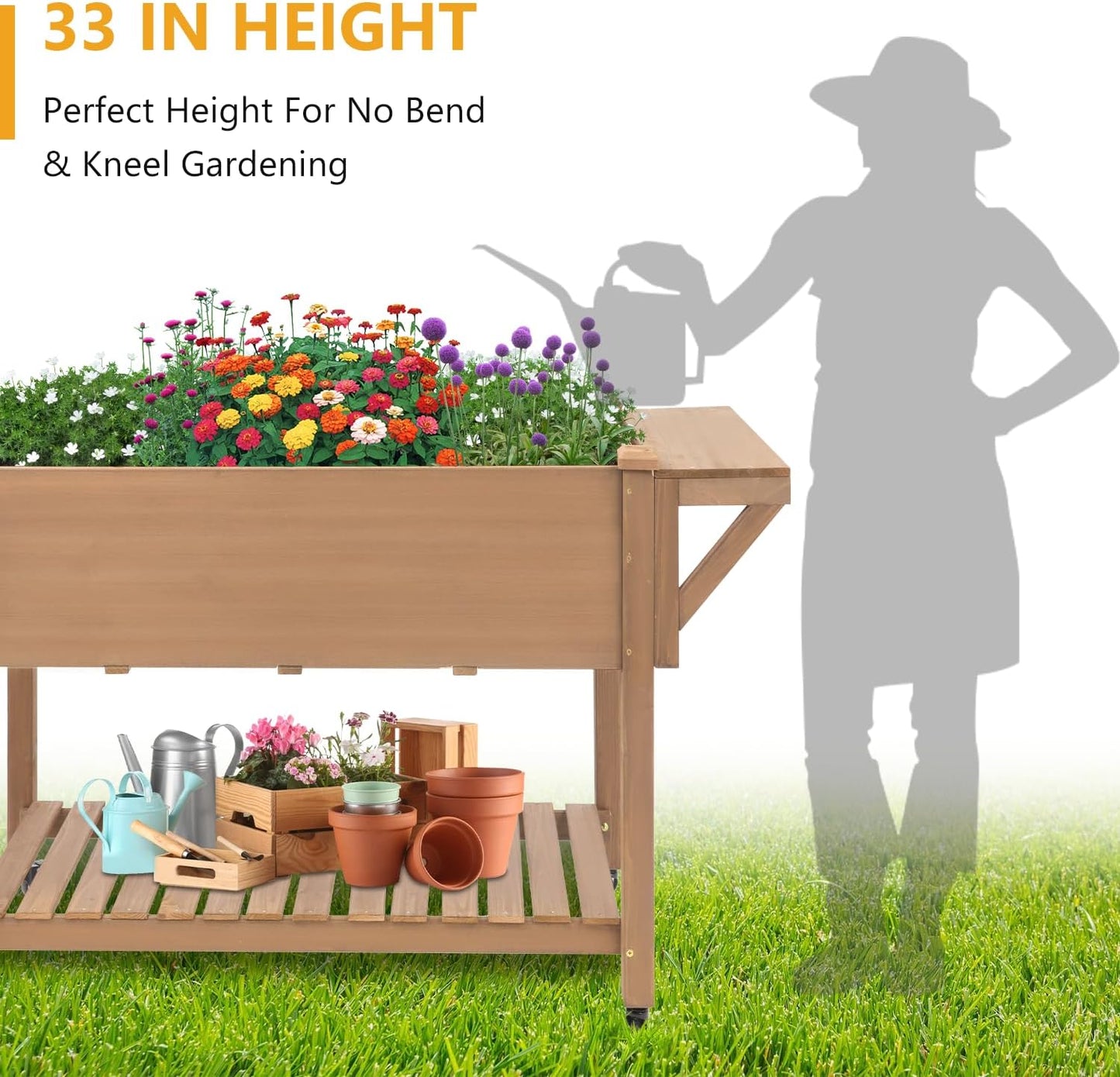 Raised Garden Bed with Lockable Wheels Mobile Elevated Wood Planter,Storage Shelf, Protective Liner,55.5x24x32in (Brown)