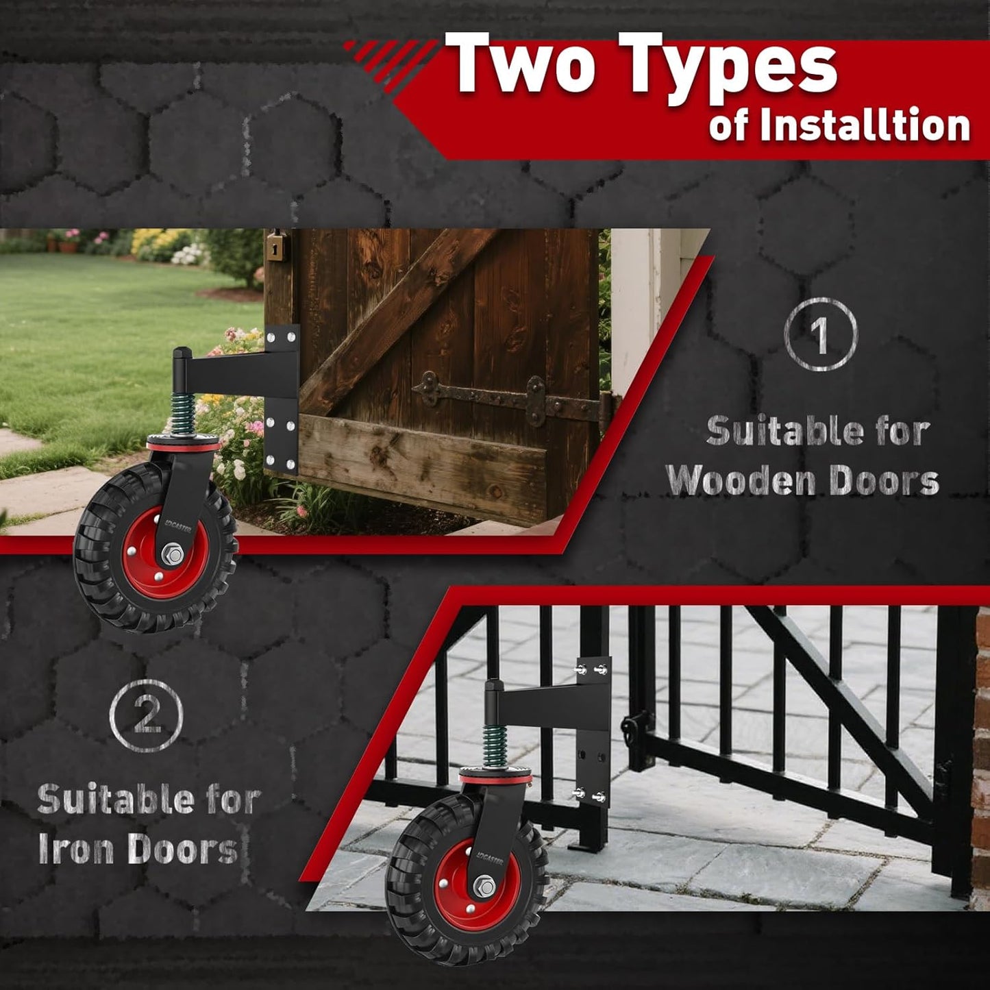 Heavy Duty Gate Wheel, 8" Double-Welded,600lb Capacity for Metal Tube & Wooden Gates, 360° Swivel Spring-Loaded Caster with 2 Installation Kits