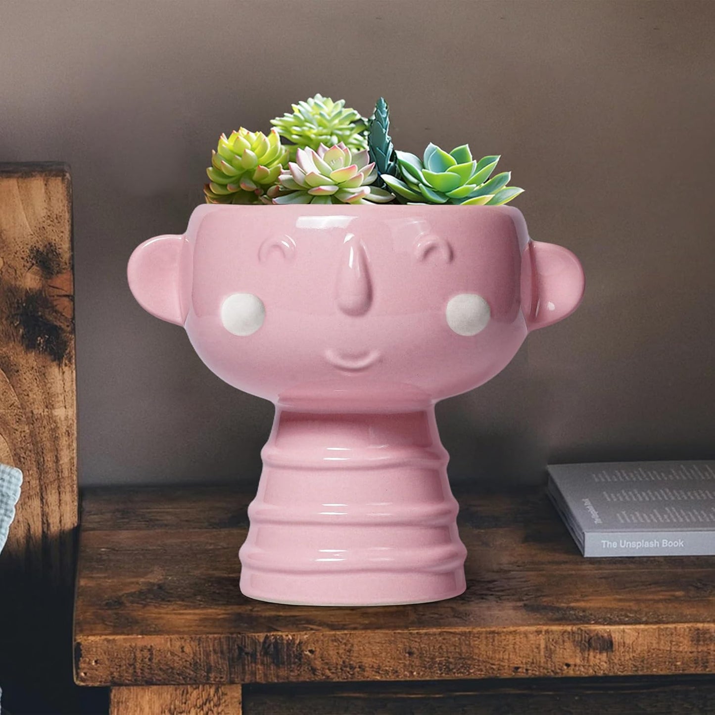 Smiley Face Planter - 7 Inch Ceramic Head Planter for Indoor Outdoor Plants, Cute Succulent Pots with Drainage Hole, Decorative Flower Pots, Home Room Desk Decor, Birthday Gifts, Bright Pink