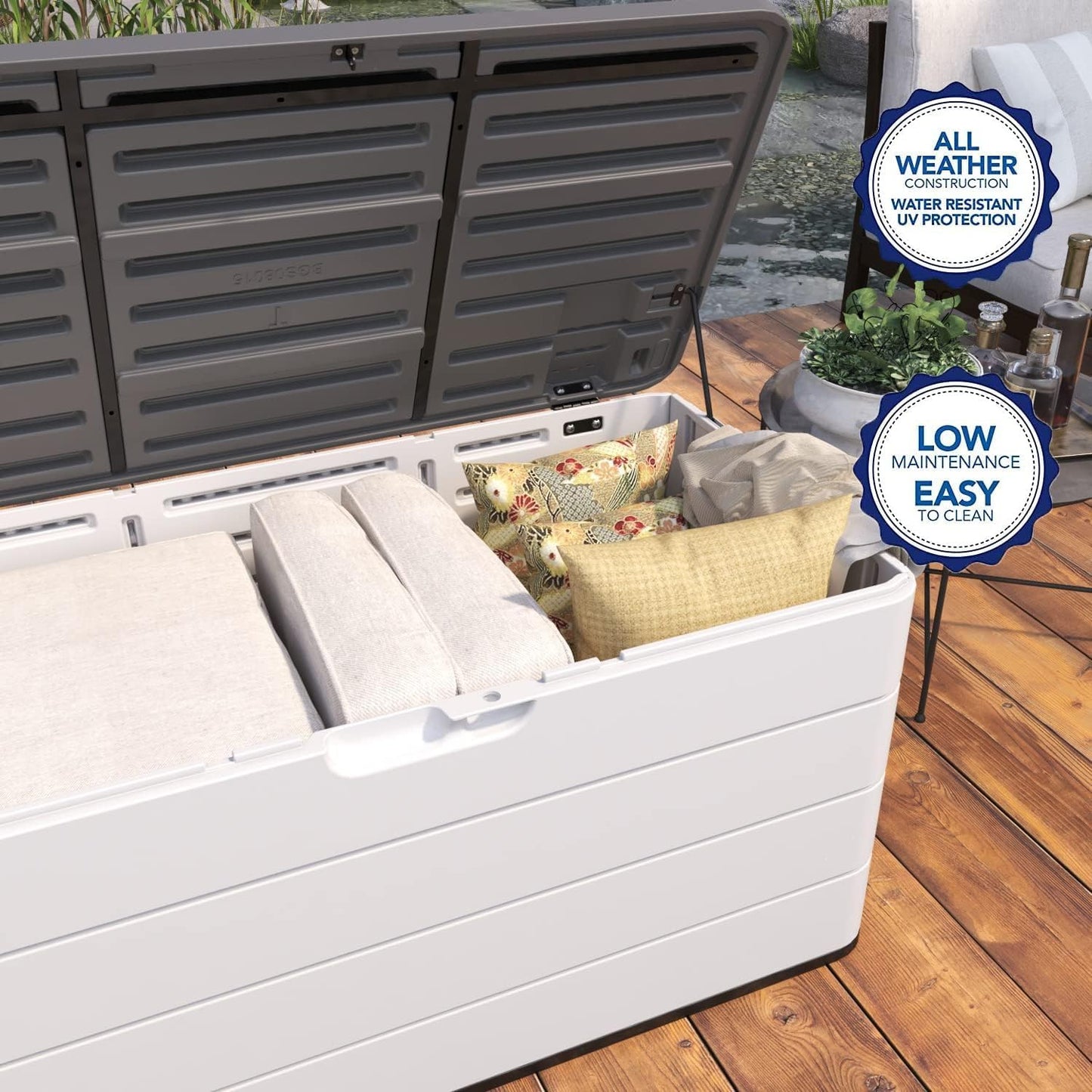 Heavy-Duty 100 Gallon Outdoor Storage Box - Waterproof Deck Box & Large Storage Bin for Patio/Pool, All-Weather Resin Chest with Lock, UV-Resistant, Alpine White