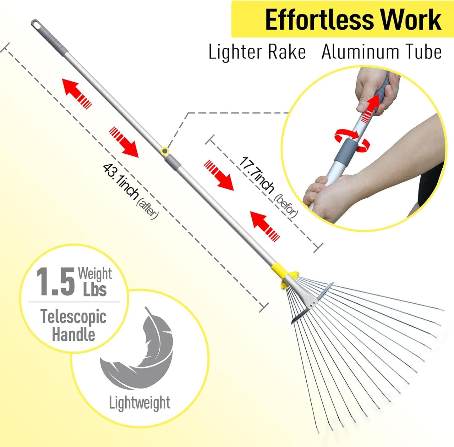 JARDINEER Adjustable Rakes for Leaves, Larger Garden Leaf Rake for Lawns Grass with 7-23" Expandable Head, Yard Collapsible Rake for Camping (64 inches)