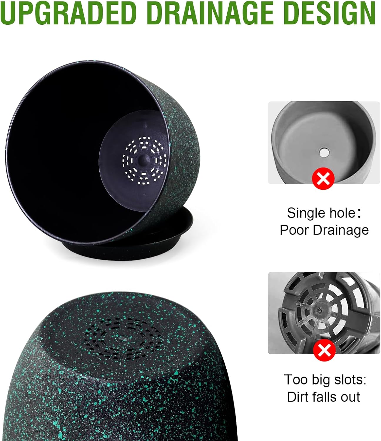 Plant Pots 10/9/8 inch, Set of 3 Modern Decorative Plastic Planters with Drainage Holes and Saucers for Garden House Plants, Flower Pots for Indoor Outdoor Plants, Black with Green Speckles