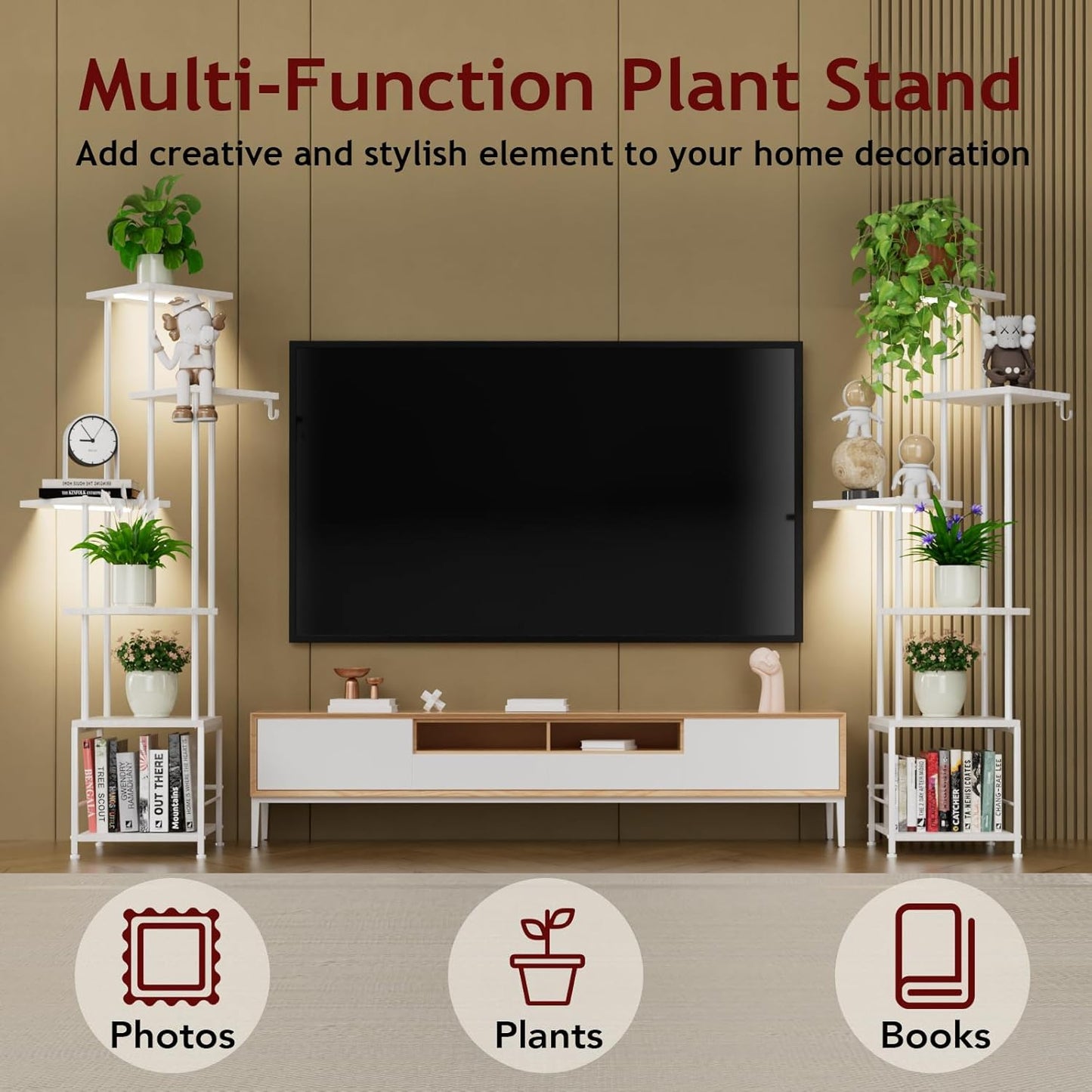 Plant Stand Indoor with Grow Light, 6-Tiered Tall Plant Stand Indoor, Metal Plant Shelf with Hanging Basket Hook and Adjustable Light, Ideal for Living Room, Garden, Patio white