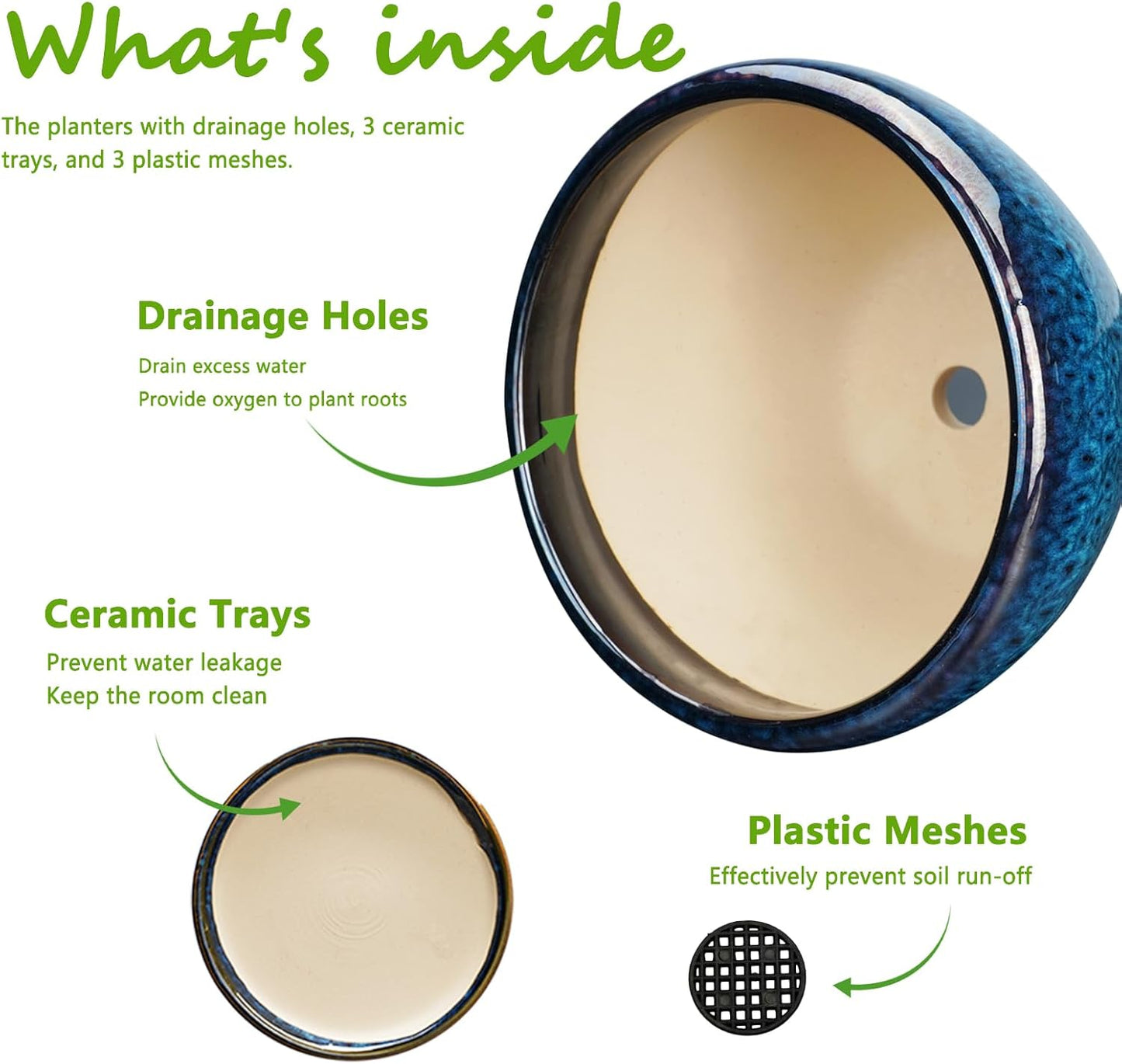 Ceramic Plant Pots Indoor, 10 Inch 8 Inch 6 Inch Round Planters Pots for Indoor Outdoor Plants, Modern Large Flower Pots with Drainage Holes and Saucers, Set of 3, Blue