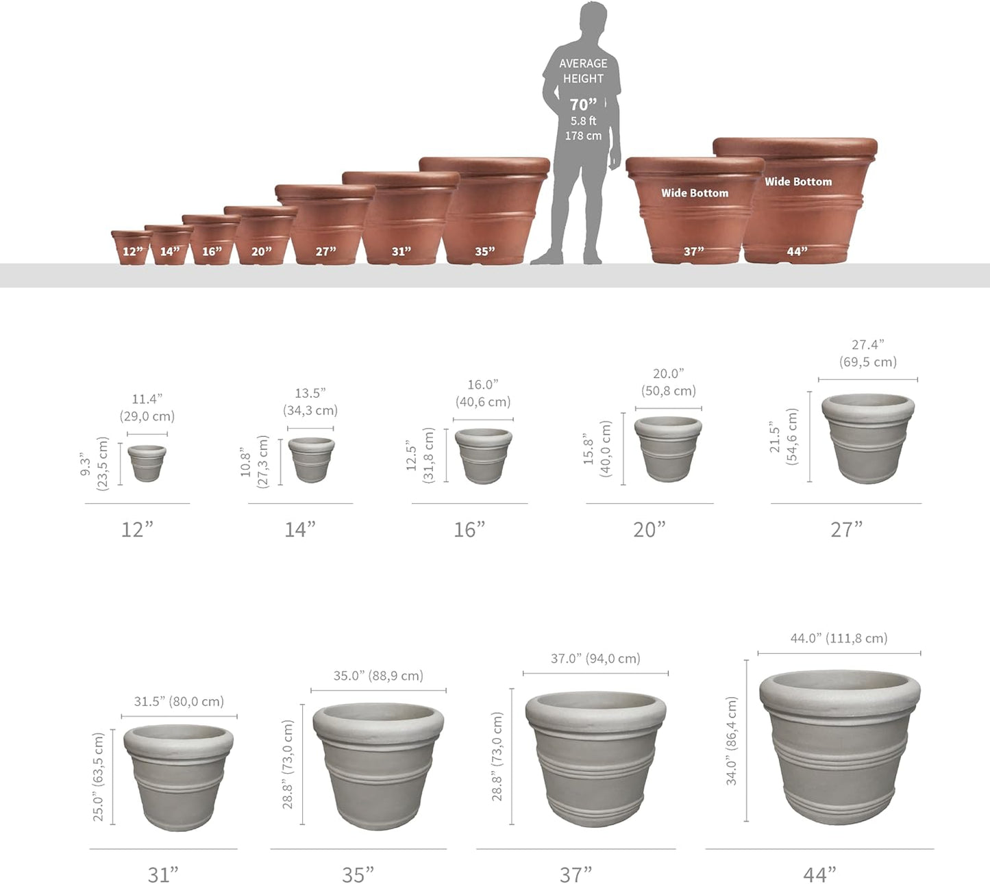 Crescent Garden Brunello Planter, Classic Rolled-Rim Plant Pot, 31-Inch (Weathered Concrete)