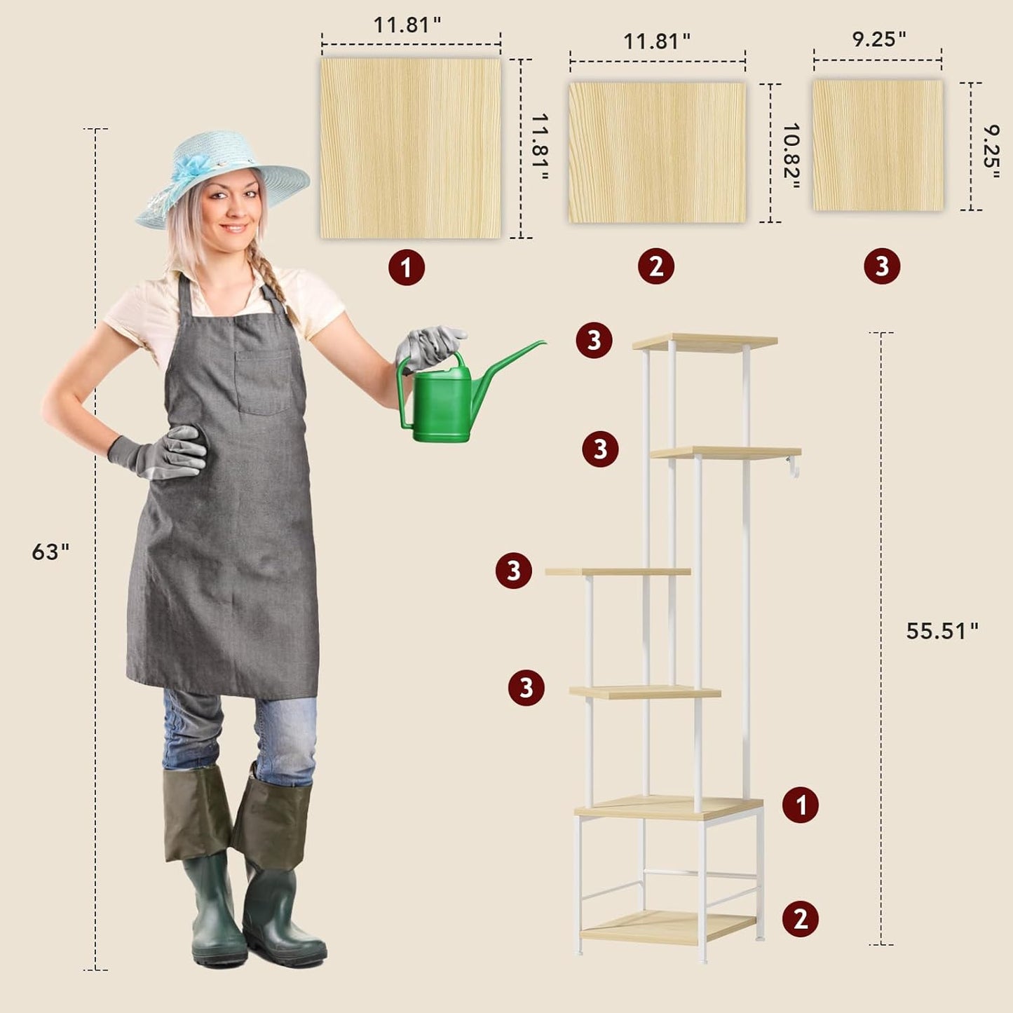 Plant Stand Indoor with Grow Light, 6-Tiered Tall Plant Stand Indoor, Metal Plant Shelf with Hanging Basket Hook and Adjustable Light, Ideal for Living Room, Garden, Patio, (Maple)