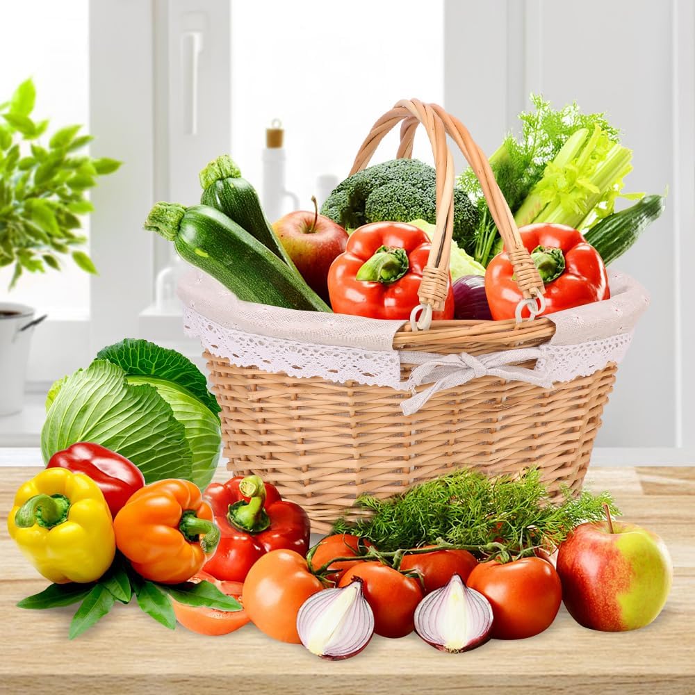 Natural Wicker Basket with Linen Lining, Woven Picnic Basket with Handle, Large Picnic Basket, Stylish Hand-Woven Favors Storage Basket for Picnic, Camping, Outdoor Party