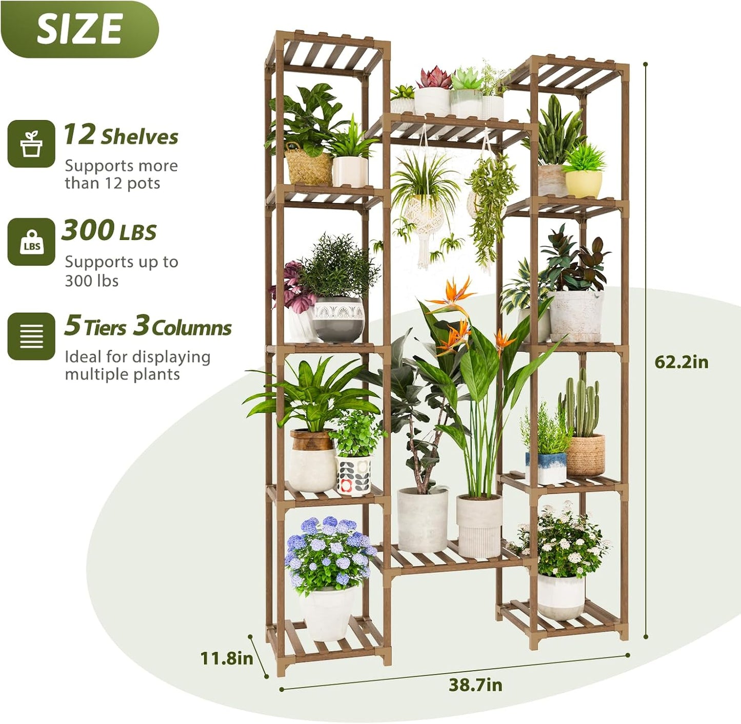 Plant Stand Indoor with Grow Lights for Indoor Plants 62.2'' Tall Plant Shelf 12 Tiers Sturdy Plant Rack for Plants Dispaly for Living Room Garden Patio Decor