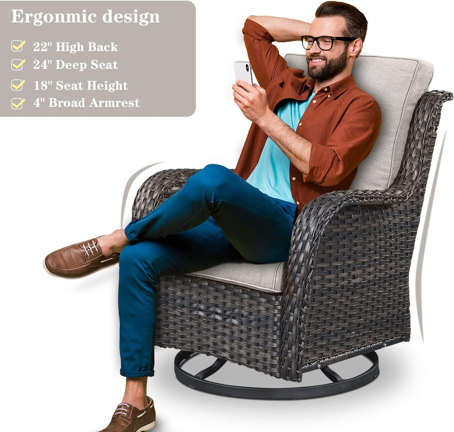 Outdoor Furniture Sectional Sofa L Shaped Couch - Patio Wicker Set with 2 Swivel Glider Chairs, 5 Piece Rattan Patio Conversation Sets with Beige Cushion for Deck Backyard Sunroom