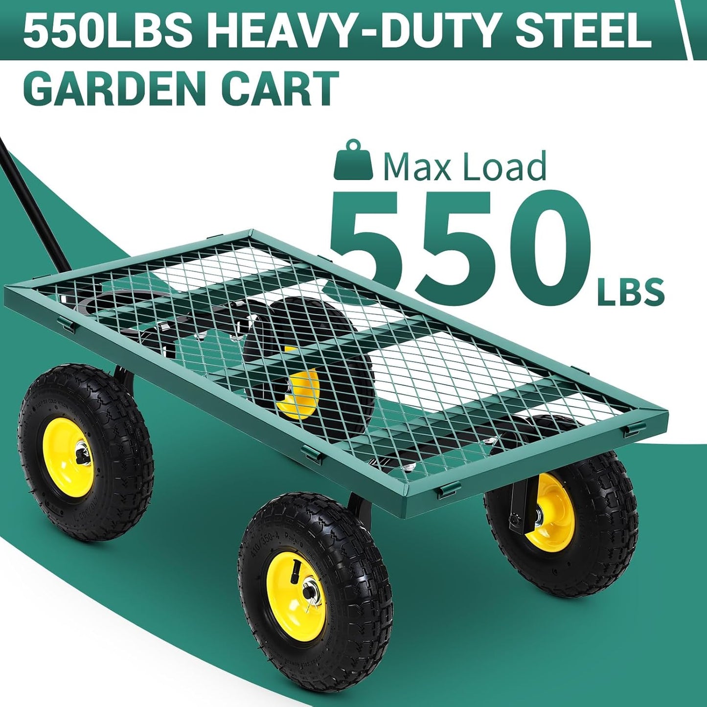 550 Lbs Steel Garden Cart. Heavy Duty Metal Garden Wagon with 10" Wheels, Pullable Metal Garden Wagon w 180° Rotating Handle and Removable Sides for Farm, Yard,