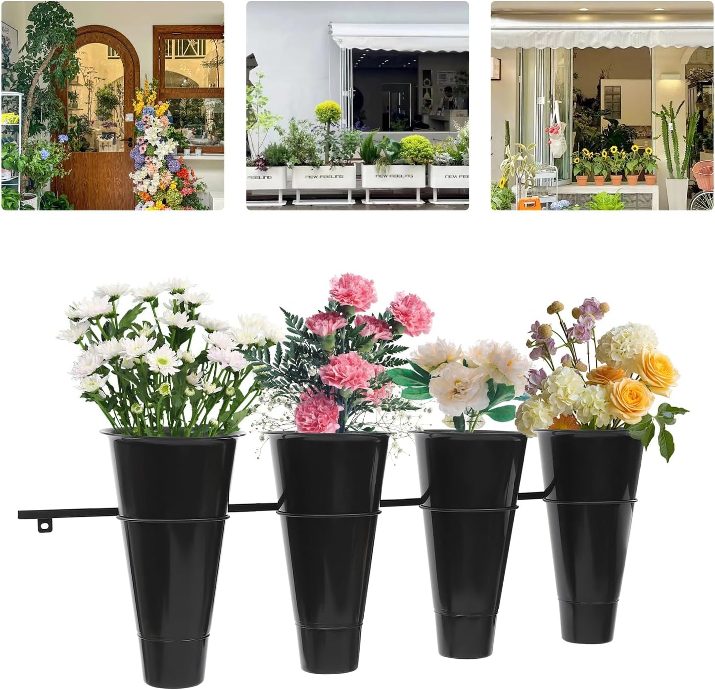 Wall Mounted Plant Holder with 4 Buckets,Metal Flower Pot Wall Hanging Shelf Black Indoor Outdoor Decorative Floating Shelves Planter Hanger Racks for Wall Bedroom Living Room Porch