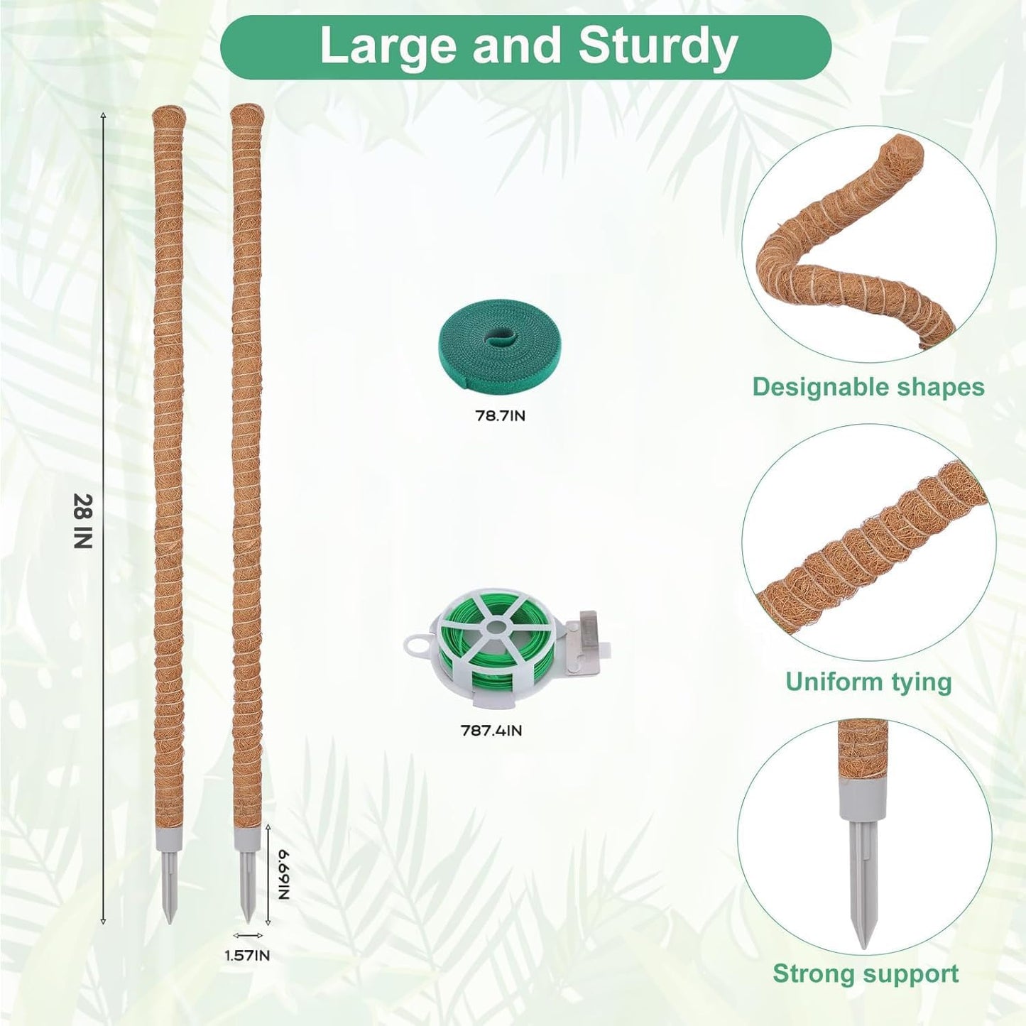 2 Pack Moss Pole, 28 Inch Monstera Plant Support, Moss Poles for Climbing Plants Indoor DIY, Coco Coir Plant Pole Moss Plant Stick Support Stake Kit for Potted Plants, Pothos, Philodendron