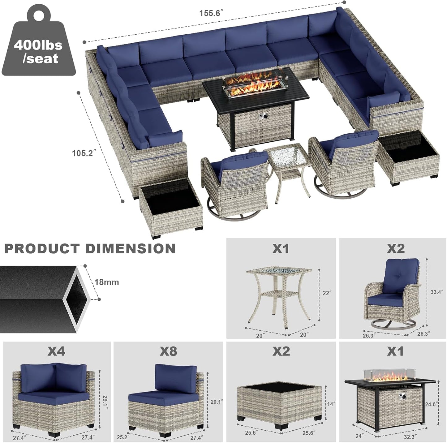 18-Piece Patio Furniture Set, Outdoor Patio Furniture with 55,000 BTU Fire Pit Table, Swivel Chairs Set, Thick Cushions, Modular Patio Sofa, Dual-Strand Wicker Rattan, Rust-Resistant Frame,Navy Blue