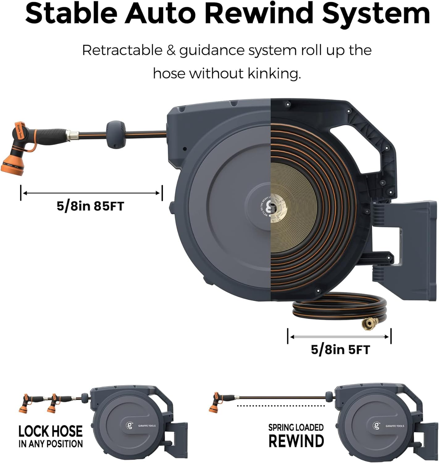 Giraffe Tools AW405/8MB Retractable Garden Hose Reel 5/8" x 90 ft PRO Metal Bracket, Heavy Duty, Any Length Lock Hose Reel, 90ft, Dark Grey