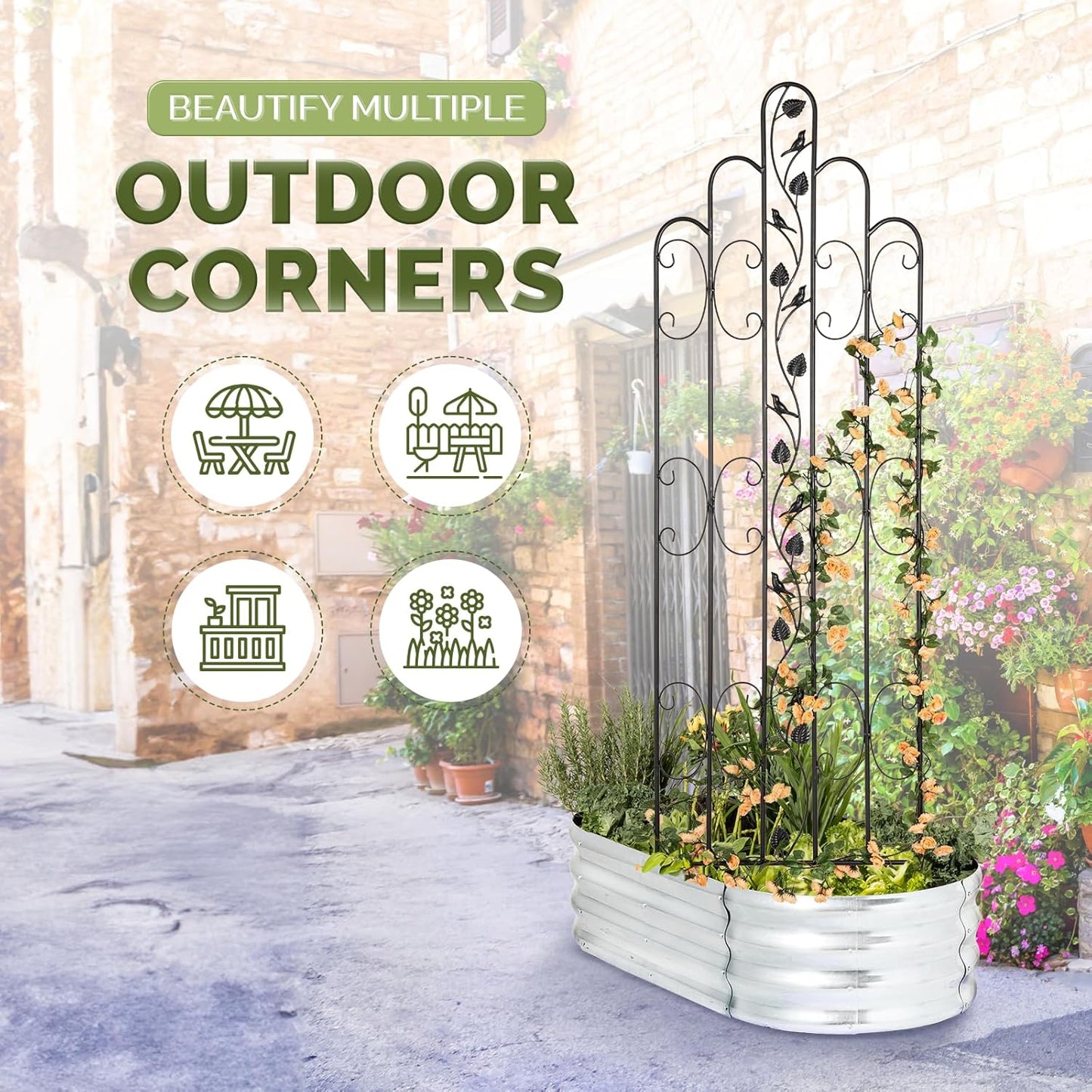 Idzo 71 in. Decorative Metal Trellis for Climbing Plants Outdoor, Heavy-Duty Steel Garden Trellis with Durable Powder Coating, Black Bird Pattern