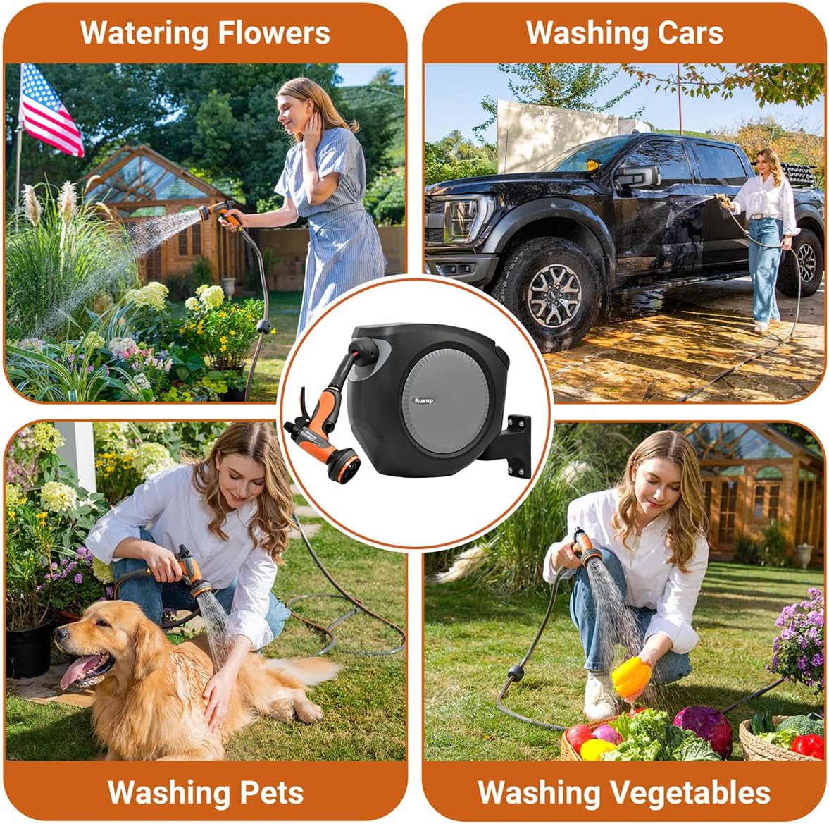 Ruvup Retractable Garden Hose Reel, 1/2in x 50ft Water Hose Reel with 10 Style Nozzle, UV Resistant Automatic Gardening Hose Reel Wall Mount for Outside, Slow Retraction Any Length Lock 180° Swivel