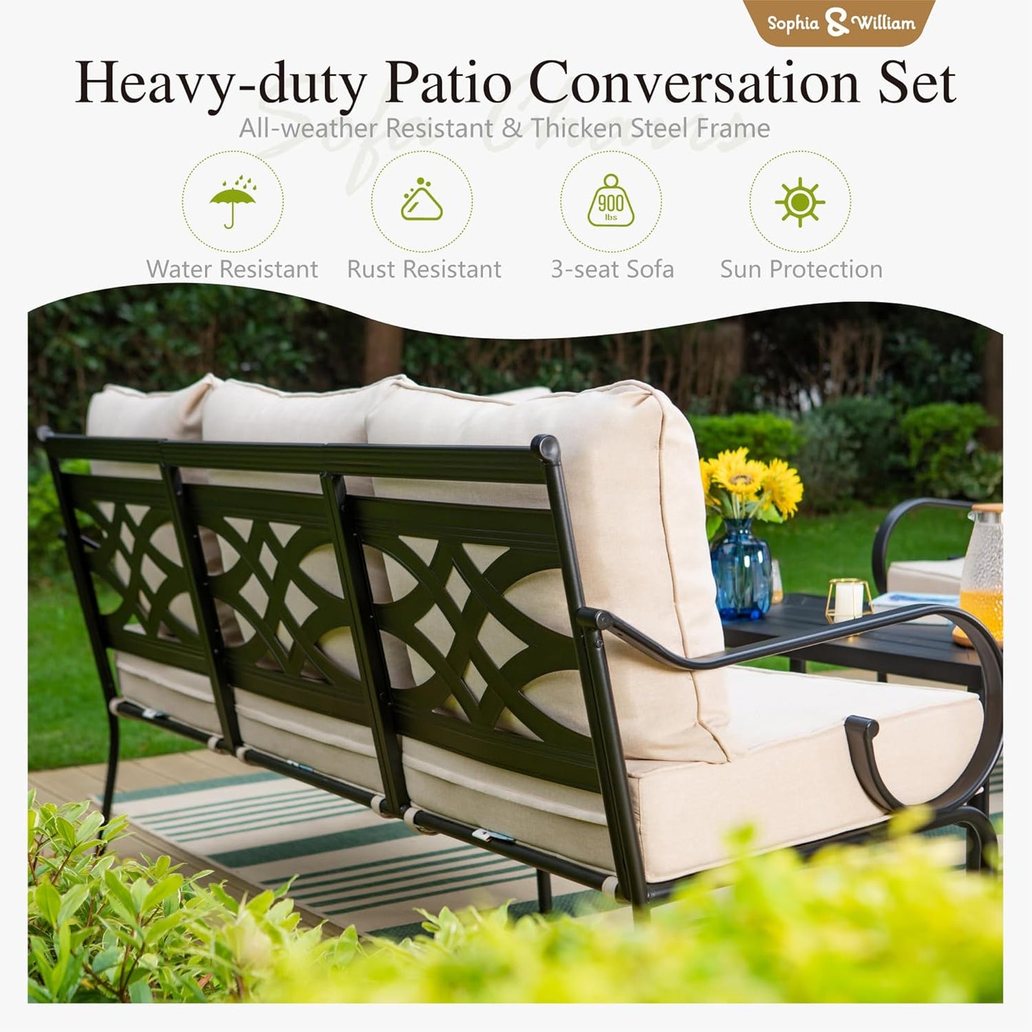 Sophia & William 6 Piece Patio Furniture Set Outdoor Couch Sofa, Backyard Patio Conversation Sets 7 Seat Clearance with 3-seat Sofa x 1, Swivel Chair x 4, Metal Coffee Table x 1 for Porch Lawn, Beige