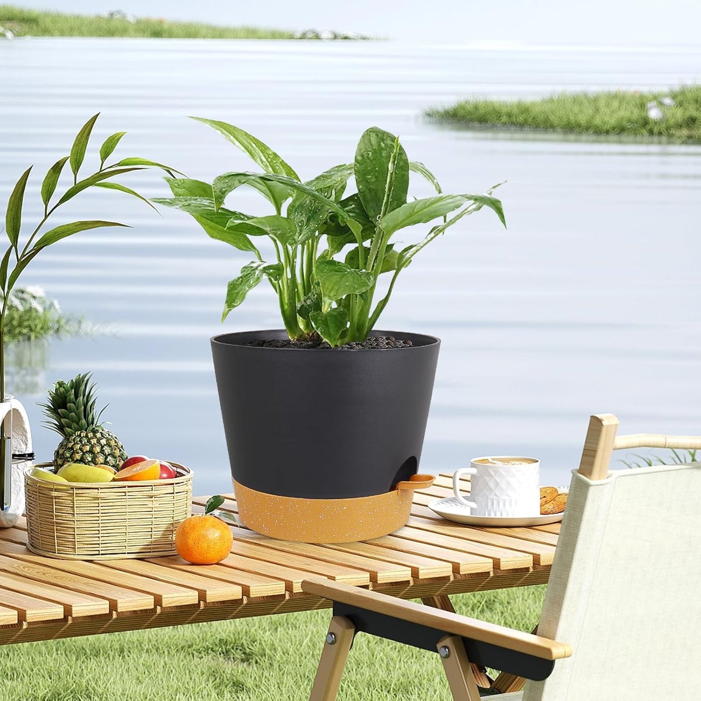 12 inch Large Self Watering Pots, Plant Pots with Mesh Drainage Holes for Indoor Outdoor Plants, Plastic Planters with Deep Reservoir for Garden House Flower Plants, Black with Brown