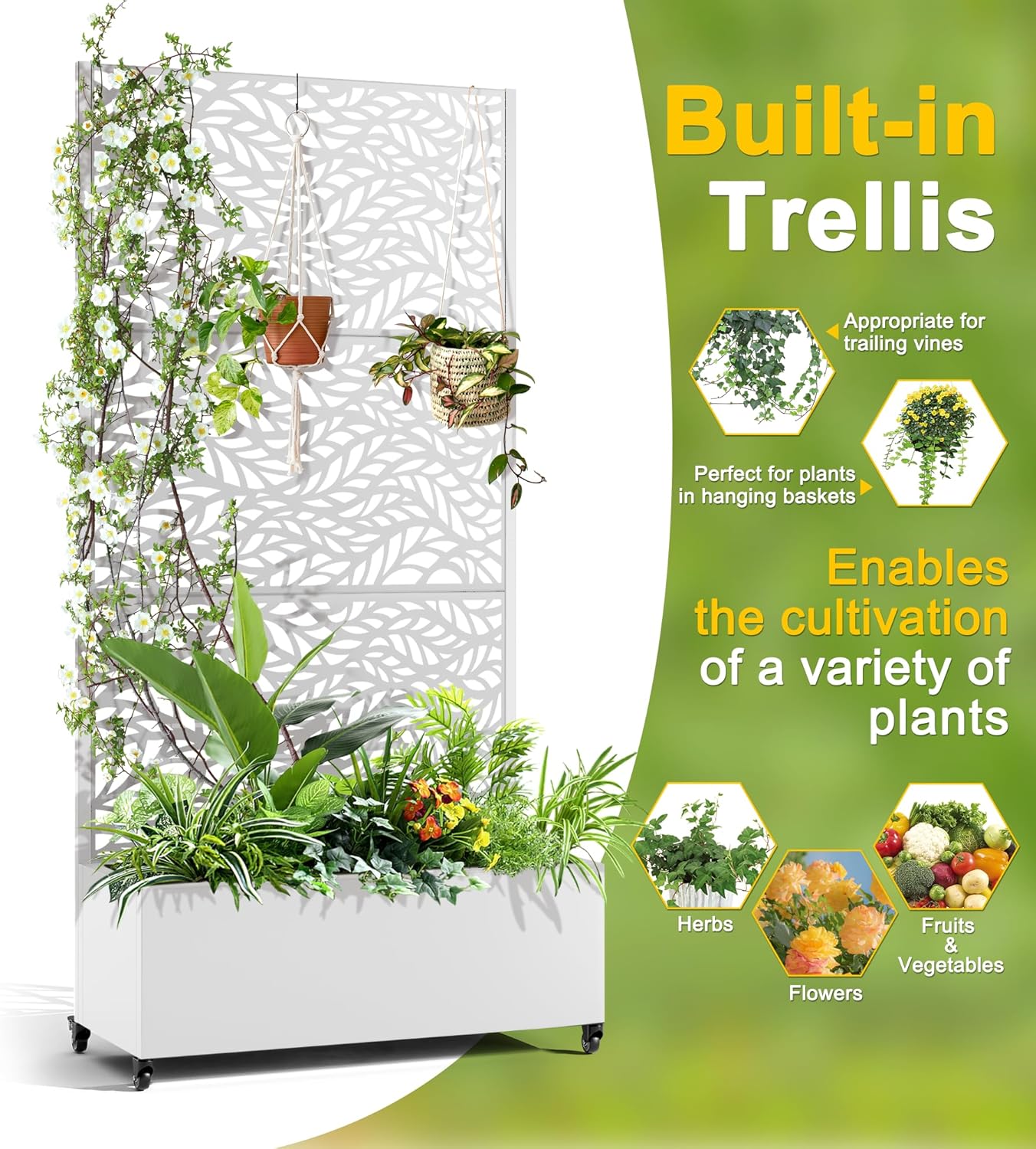 FENCY Metal Raised Garden Bed with Wheels and Trellis,73"x35"x16" Planter Box for Climbing Plants, Vegetables & Vines, Features Privacy Screen and Drainage Holes (White-Leaf)