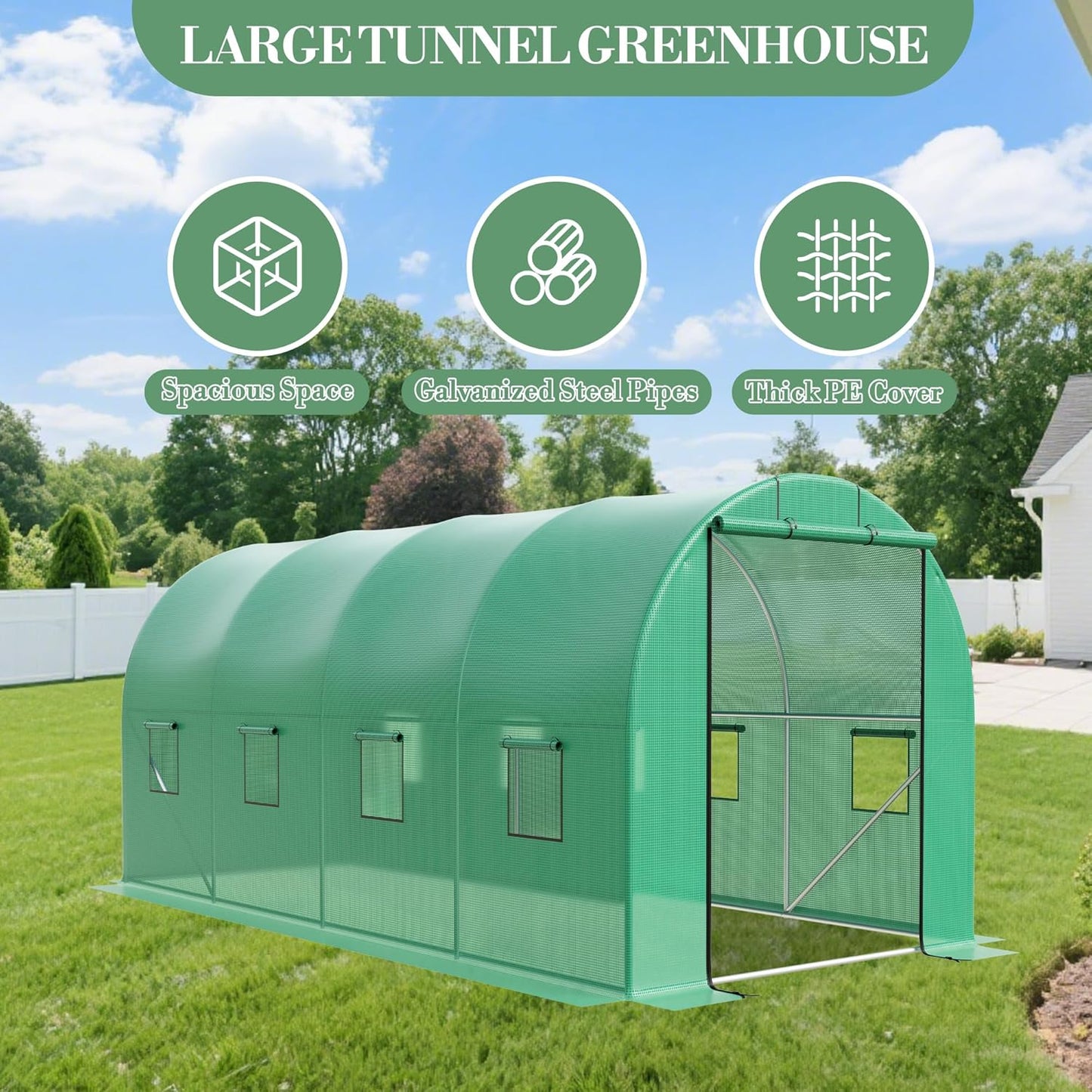15x7x7 Ft Walk-in Tunnel Greenhouse for Outdoor Gardening - Heavy Duty Galvanized Steel Hoop House with Green PE Cover, Roll-Up Zipper Door & 8 Vent Windows, Plant Protection & Year-Round Growing
