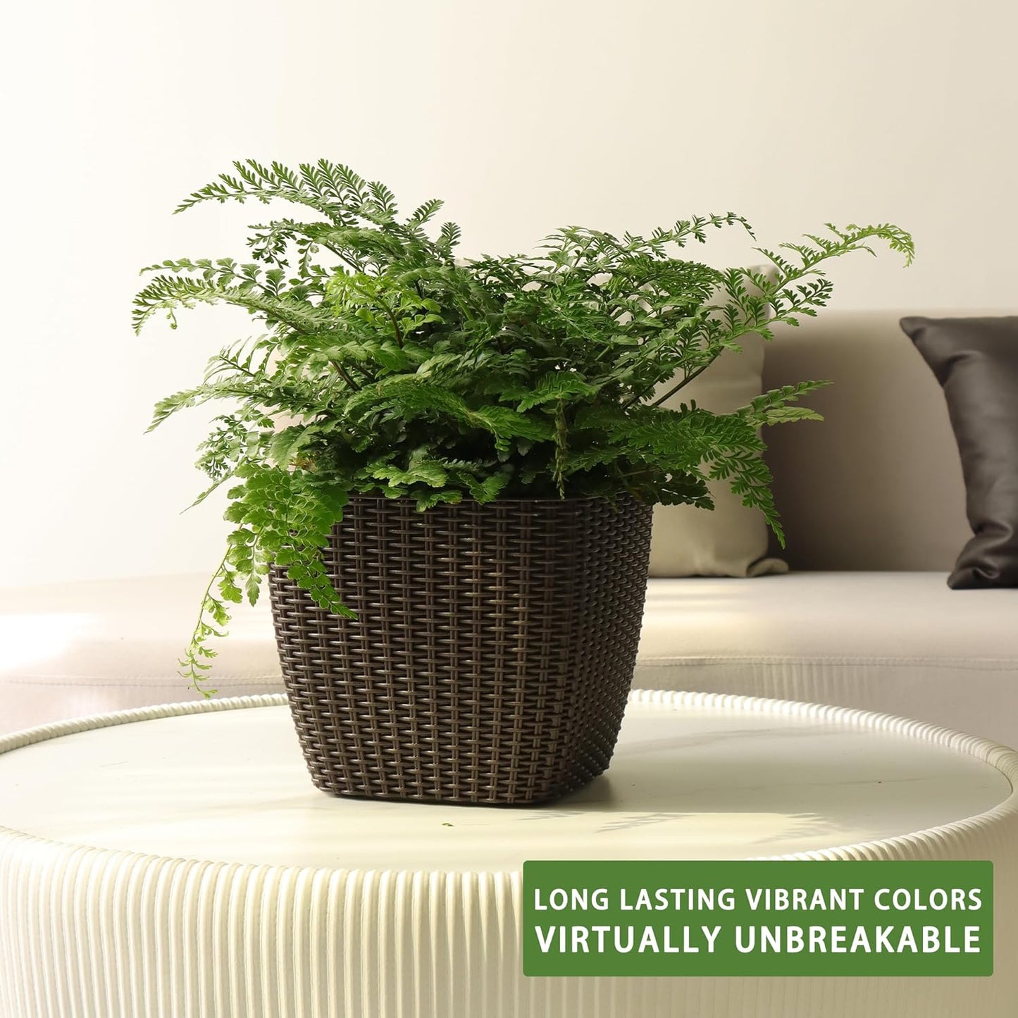 Dexceder 11x10 Self Watering Planter Indoor Outdoor, Inner Mat Design, Thickened Table Flower Plant Pot with Water Level Indicator (Brown Rattan)