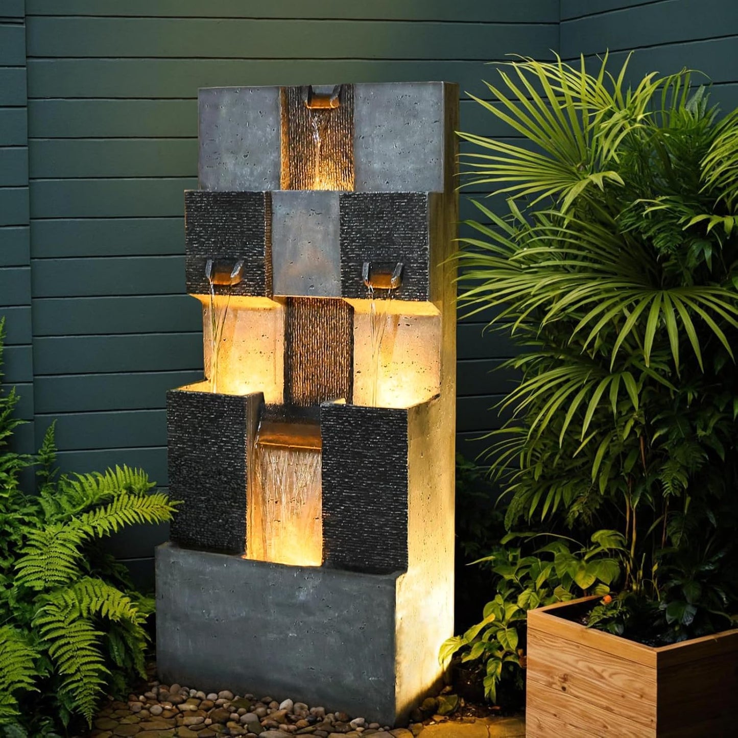 44.8" H Modern Outdoor Water Fountain with LED Lights and Pump, Mutiply-Tier Standing Cascading Waterfall - Modern Design for Garden,Patio,Yard, Multi-Level Outdoor Decor (Gray)