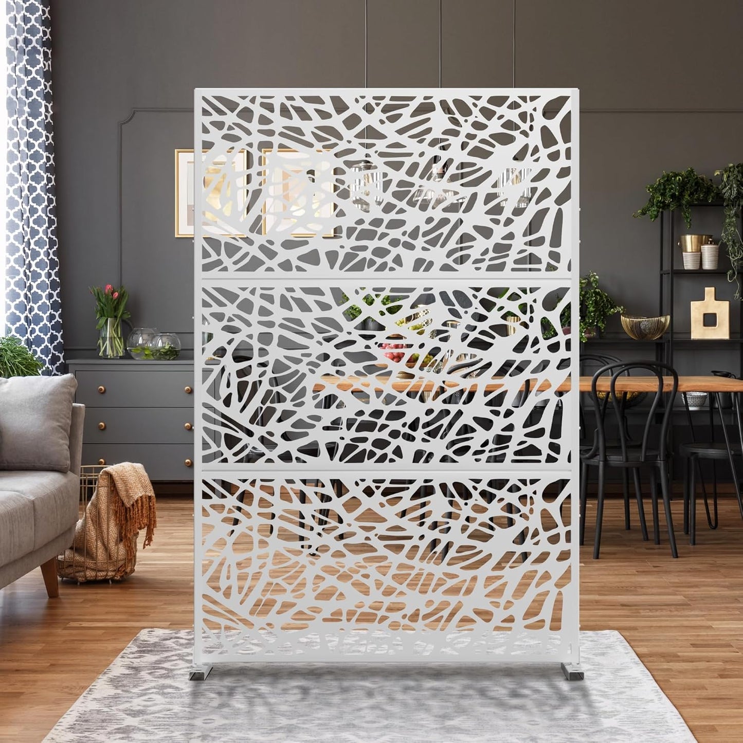 Metal Privacy Screen Outdoor 72" H×47" W,Freestanding Decorative Privacy Screen for Balcony Yard&Garden,Privacy Fence-White&Net