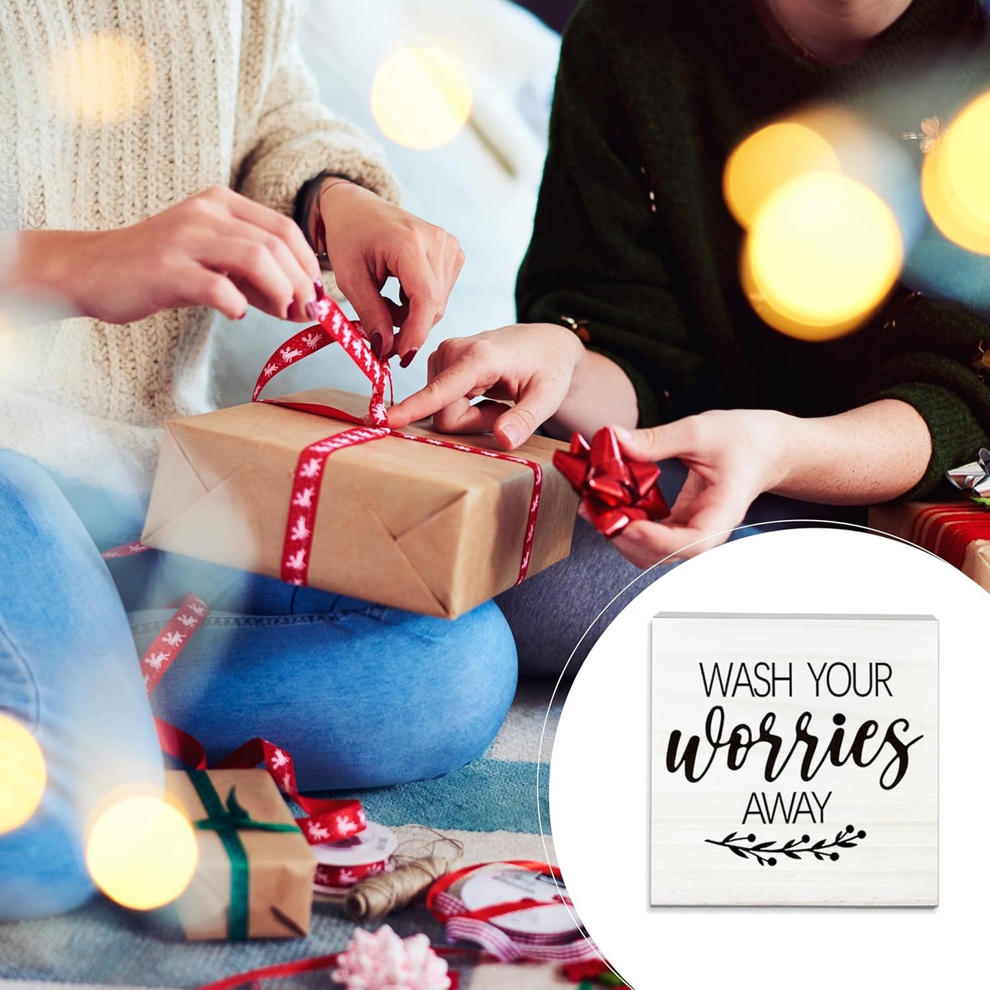 Wash Your Worries Away Wooden Sign - Funny White Block Plaque Desk Decoration-5x5 inches Inspirational Wood Block Gifts For Friends Family-Laundry Room Restroom Bathroom Tabletop Favors & Supplies-A01